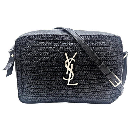 SAINT LAURENT Lou Raffia and Leather Black Camera Bag 468537 Shoulder with Tassel, Black, YSL, Women's