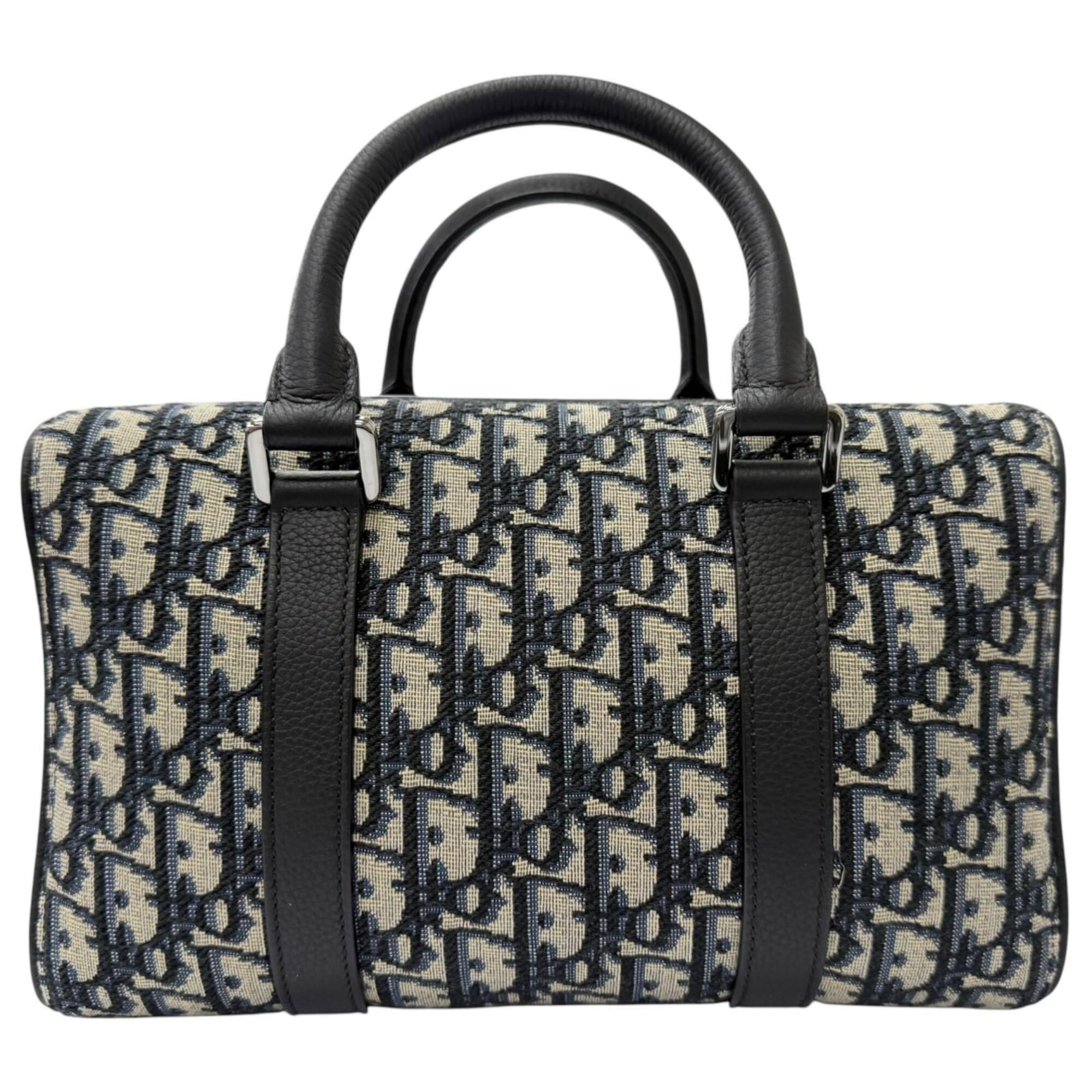 DIOR Homme 1ADDU114 Lango 26 Leather Oblique Jacquard Saddle 2-Way Shoulder Bag, Beige/Navy, Made in Italy, Men's, with Dust Bag — Like New