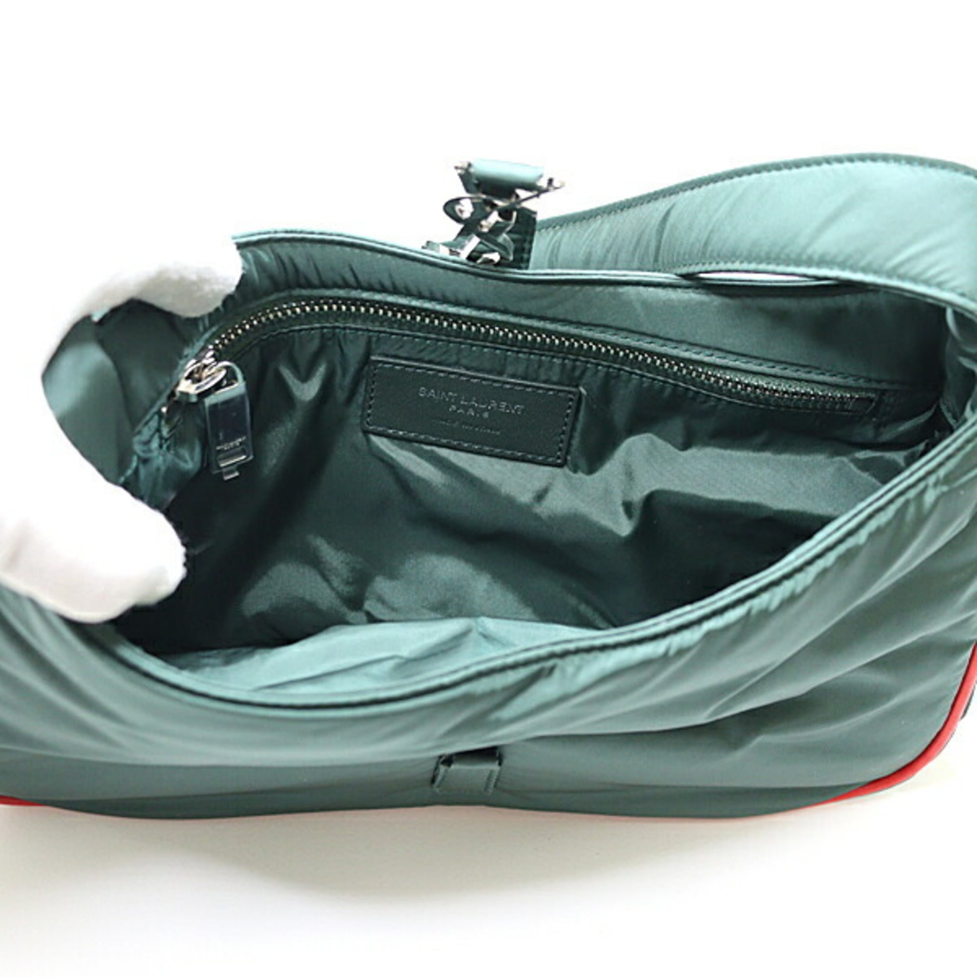 Saint Laurent YSL Le Cin Cassette Shoulder Bag Eco Nylon Khaki Green/Red 733294 — Like New