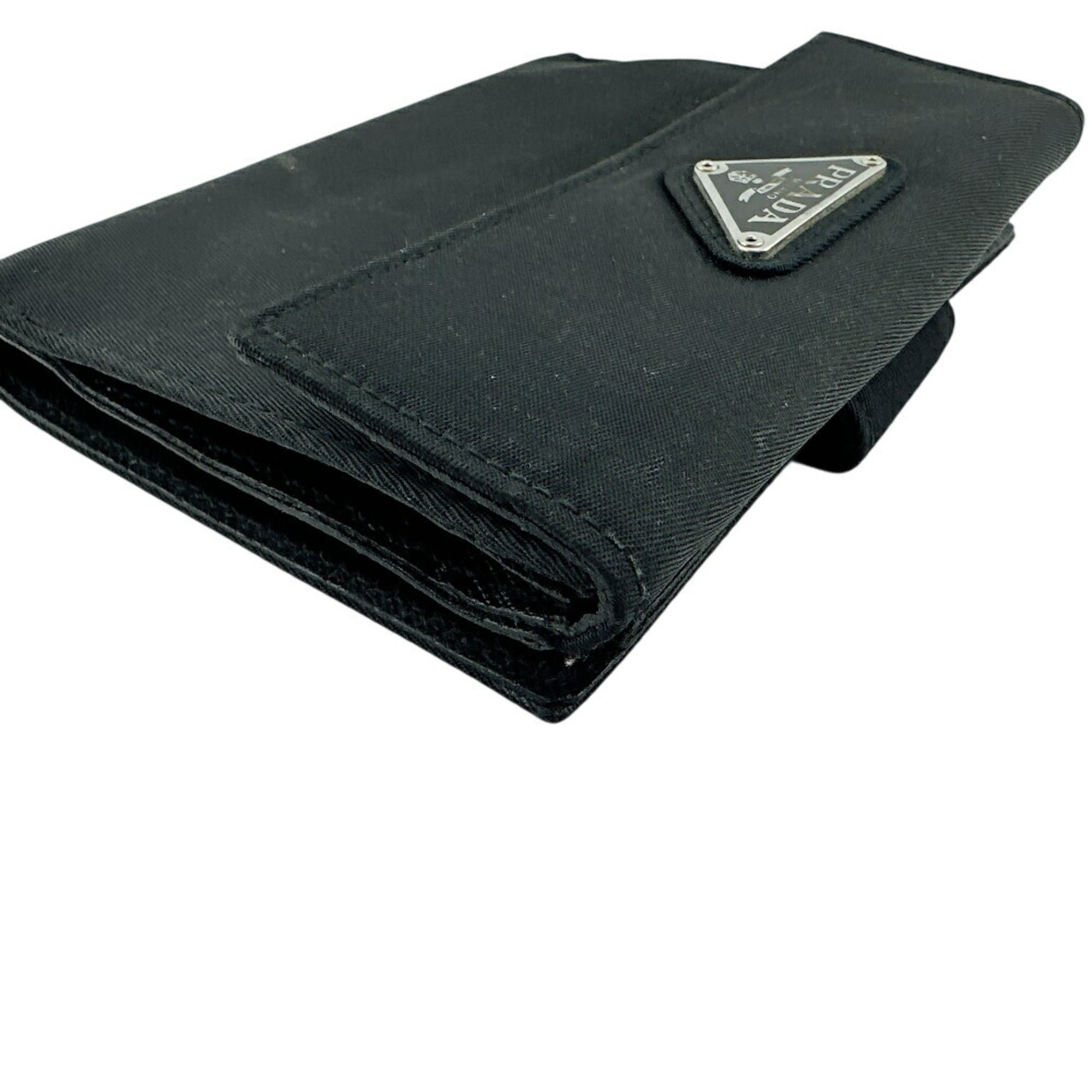 PRADA M523 Triangle Plate W Tessuto Bi-fold Wallet Black Unisex