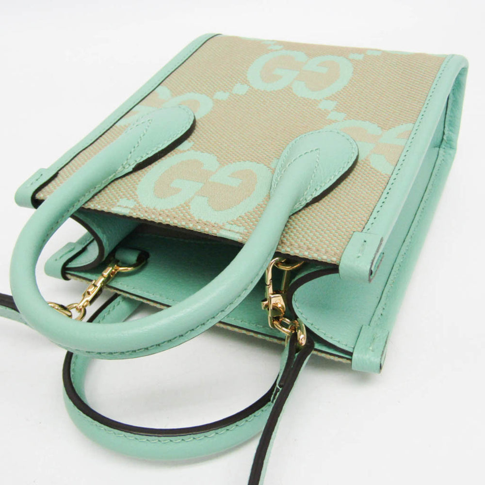 Gucci Jumbo GG 671623 Women's Canvas,Leather Handbag,Shoulder Bag Beige,Light Green — Like New