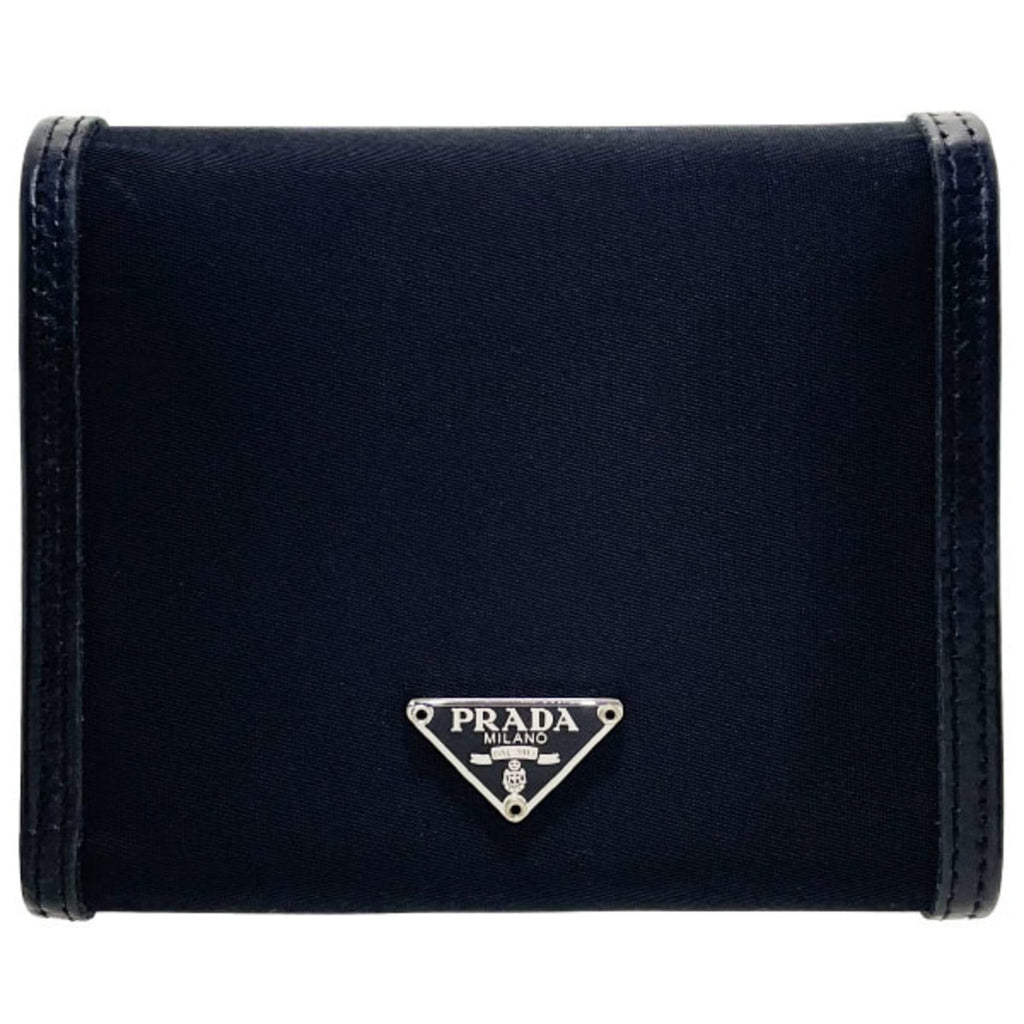 Prada Ribbon Triangle Trifold Wallet in Nylon and Leather, Black. Triangular Plate Compact Wallet, NERO MM-16119.