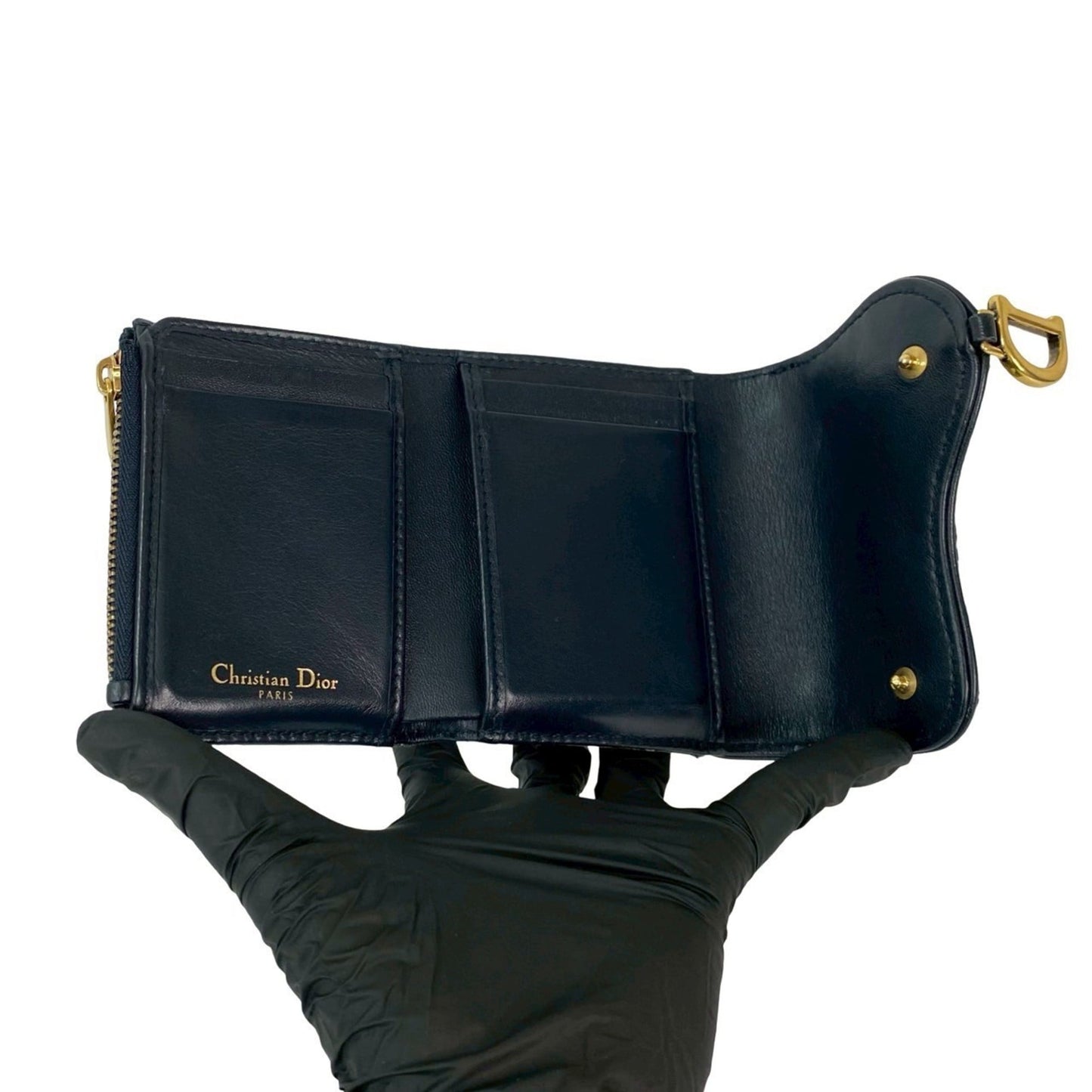 Christian Dior Oblique Logo Canvas and Leather Tri-fold Wallet, Mini, Navy, 18273