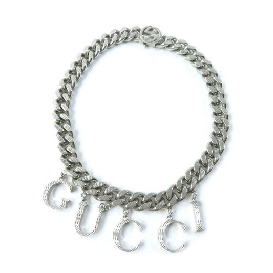 GUCCI 675769 Interlocking Necklace, Current Model, Script Logo, Curb Chain, Choker, Silver, Women's
