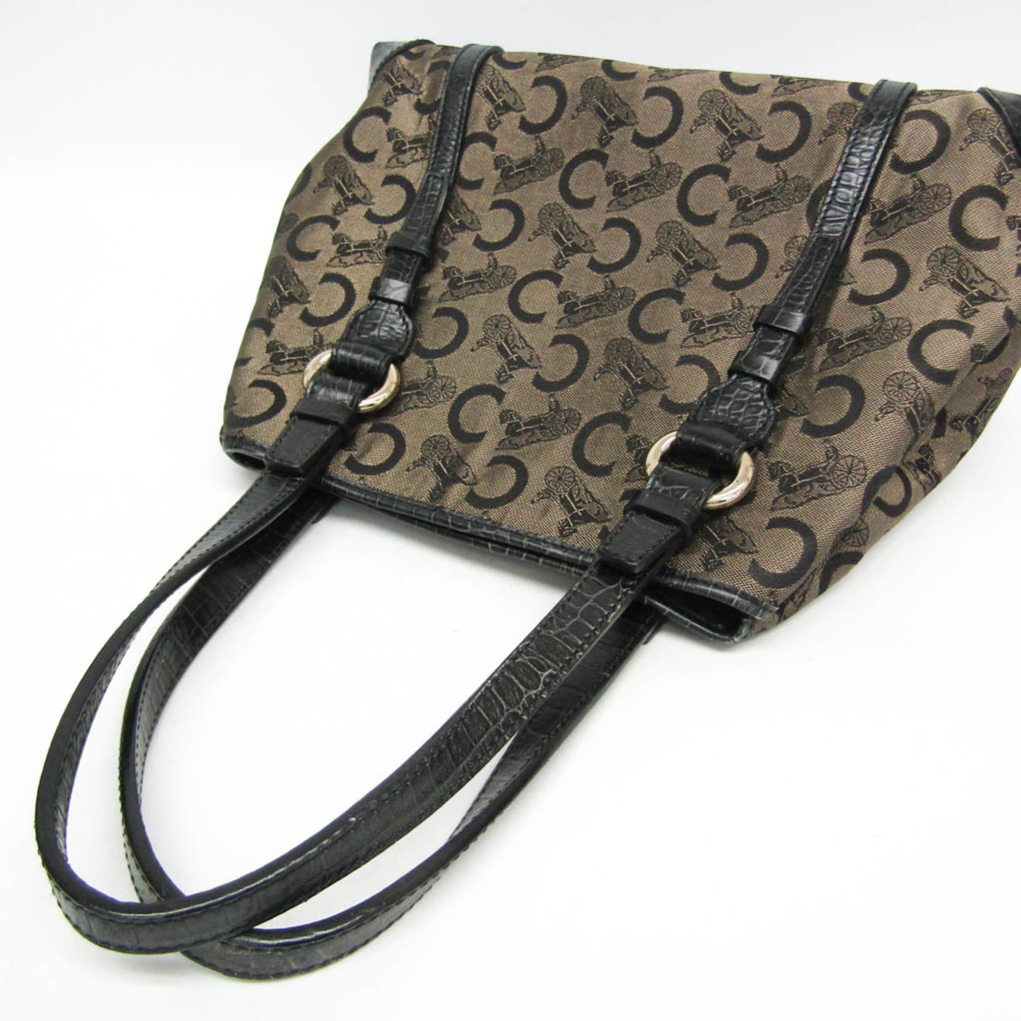 Celine C Macadam Carriage Pattern Women's Canvas,Leather Tote Bag Beige,Black