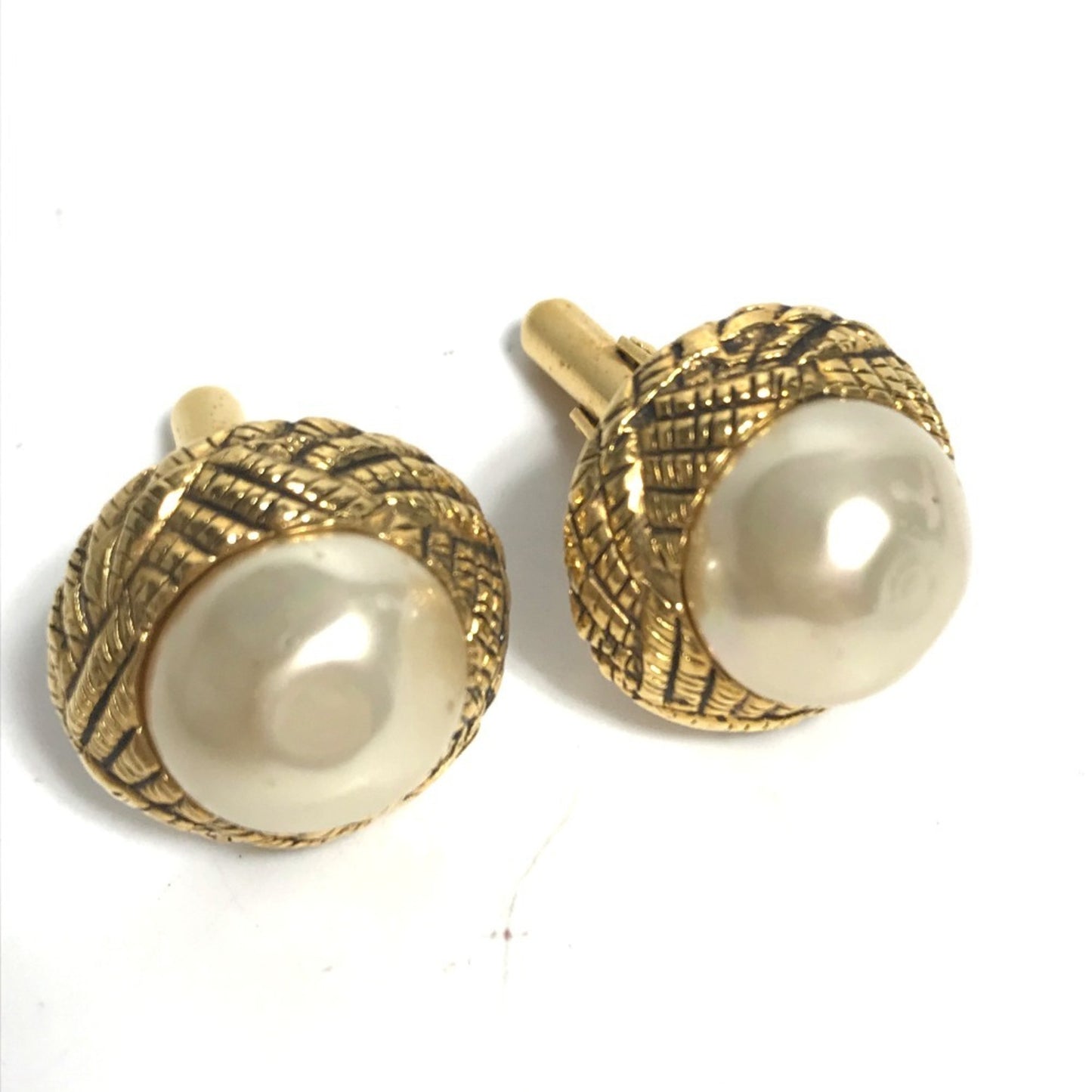 CHANEL Vintage Faux Pearl Cufflinks, Metal, Men's, Gold
