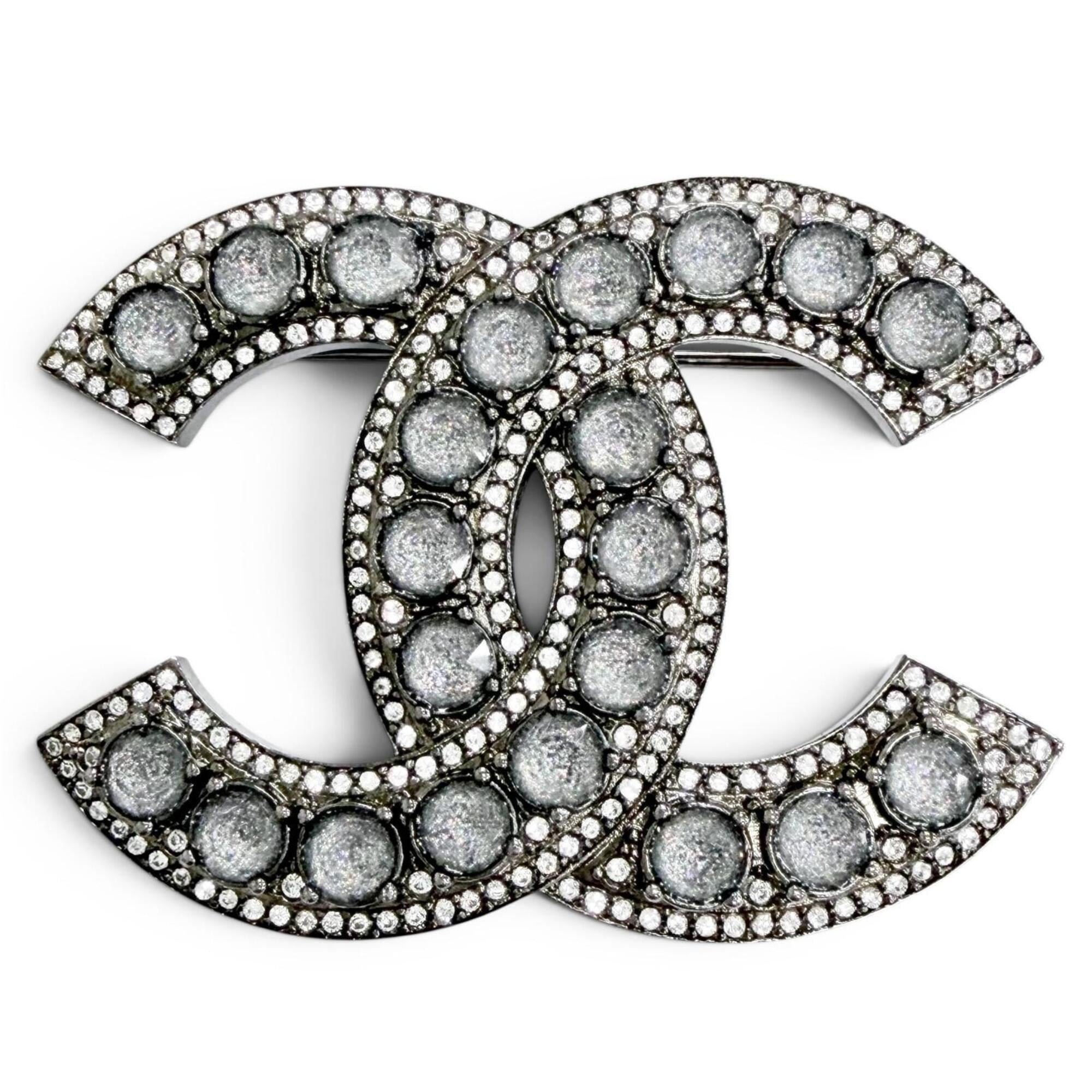 CHANEL C23B Coco Mark Rhinestone Gunmetal Brooch, Silver, Made in France, Women's, Comes with Box, Highly Recommended! — Like New