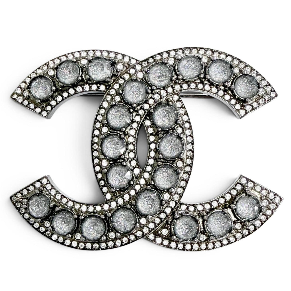 CHANEL C23B Coco Mark Rhinestone Gunmetal Brooch, Silver, Made in France, Women's, Comes with Box, Highly Recommended! — Like New