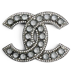 CHANEL C23B Coco Mark Rhinestone Gunmetal Brooch, Silver, Made in France, Women's, Comes with Box, Highly Recommended! — Like New