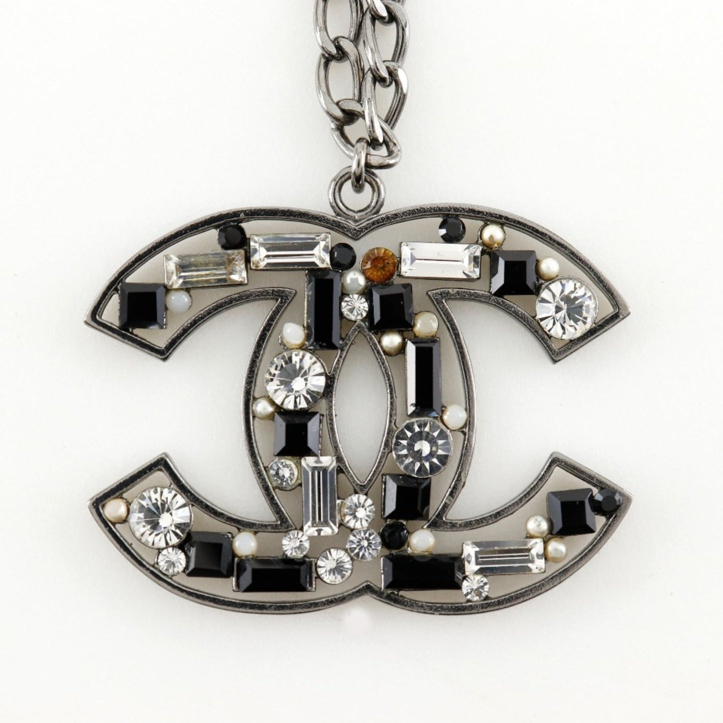 CHANEL COCO Mark Necklace with Rhinestones, 2003, Silver/Black, 03A, Approx. 34.1g, Women's