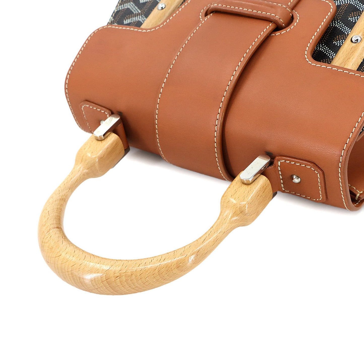 Goyard Saigon PM 2-way hand/shoulder bag in PVC, leather, wood, black, brown, and herringbone.