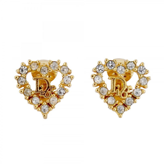 Christian Dior earrings, heart motif, GP plated, rhinestone, gold, for women.
