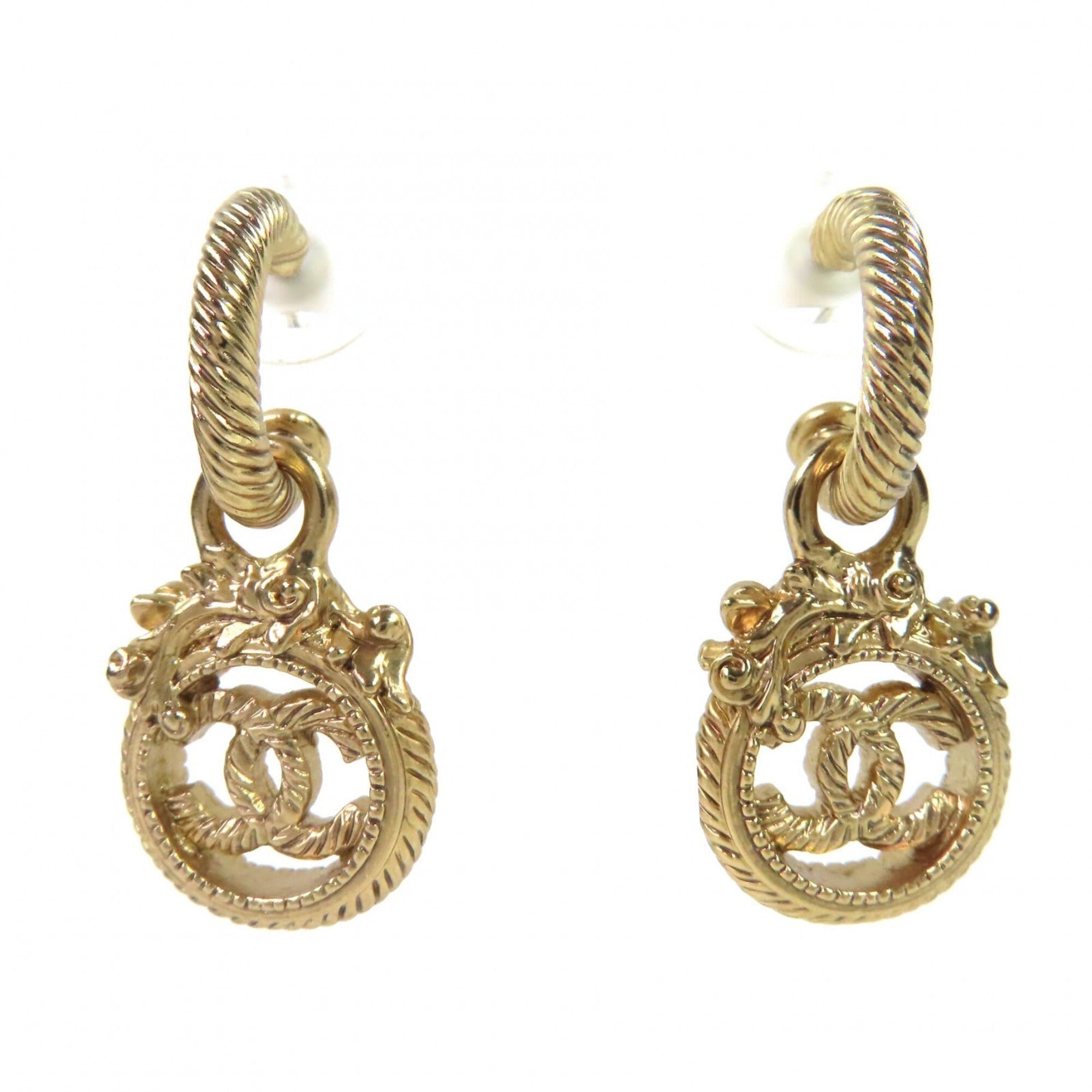 CHANEL Vintage 05A Coco Mark Rope Twist Swing Earrings, Gold, Made in France, Women's. (Pair) — Like New
