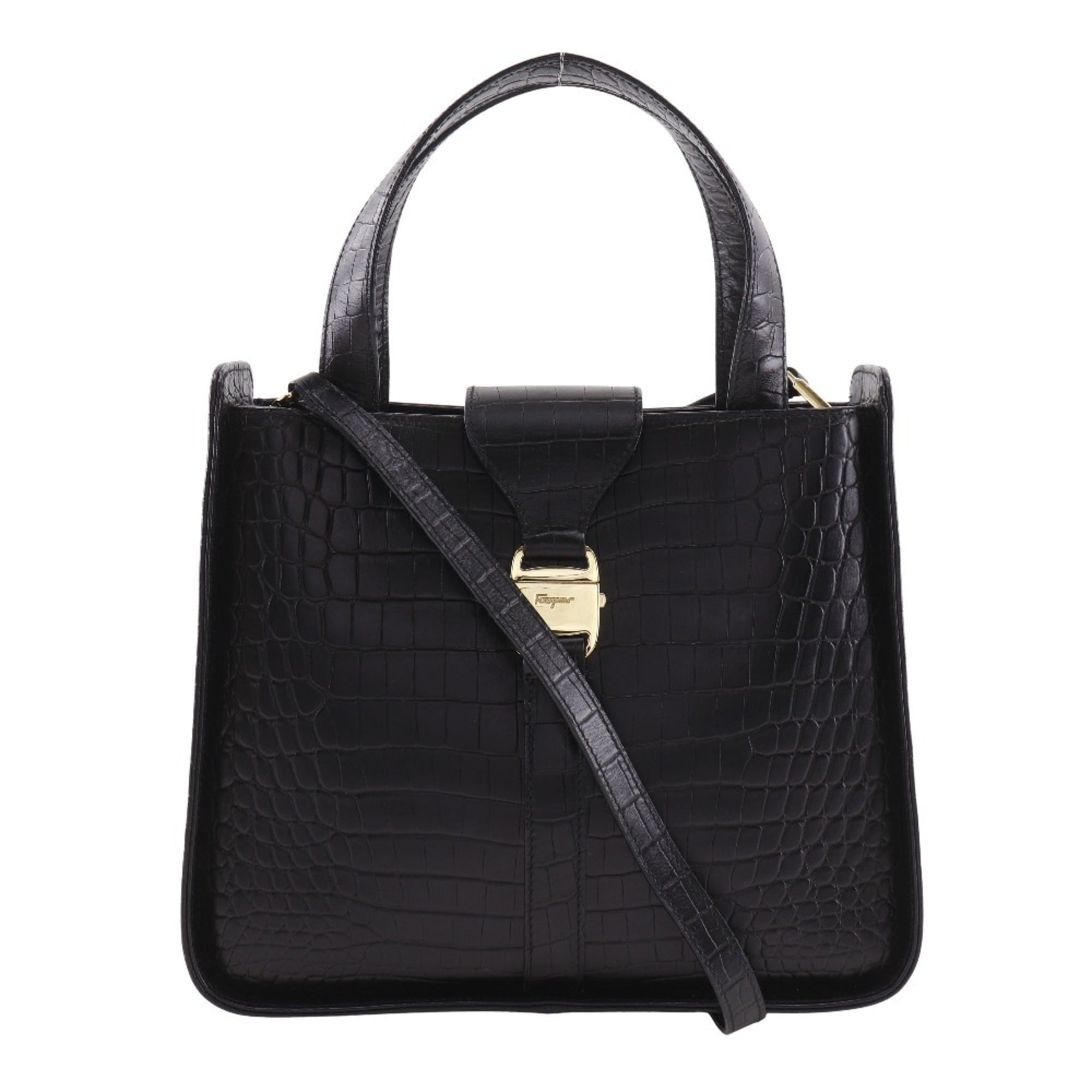 Salvatore Ferragamo logo handbag 2-way shoulder bag DY-21 0239 embossed leather black A5 open women's