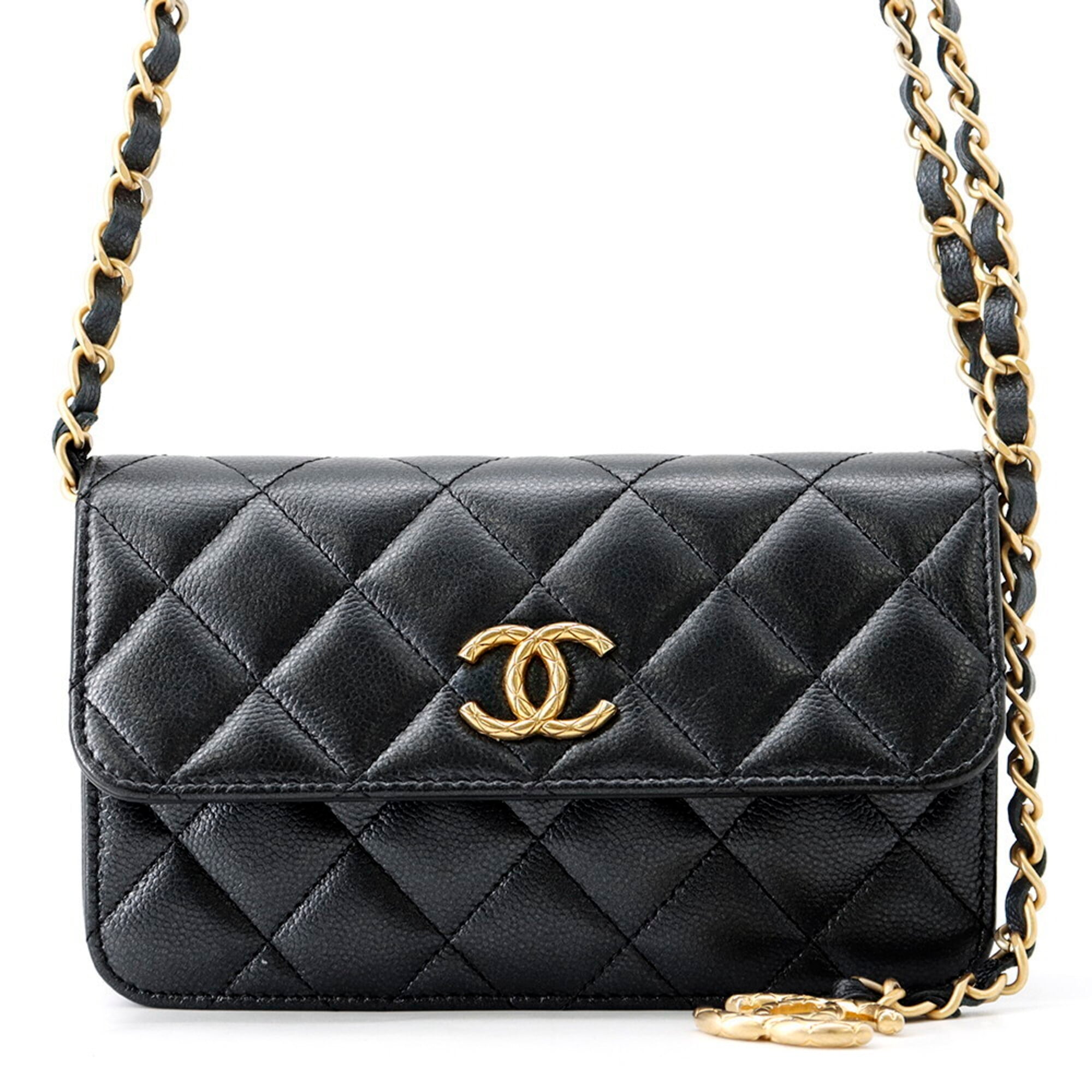 Chanel Chain Shoulder Bag Matelassé Coco Mark Phone Holder Caviar Skin AP3482 CHANEL Smartphone Case Handbag — Like New
