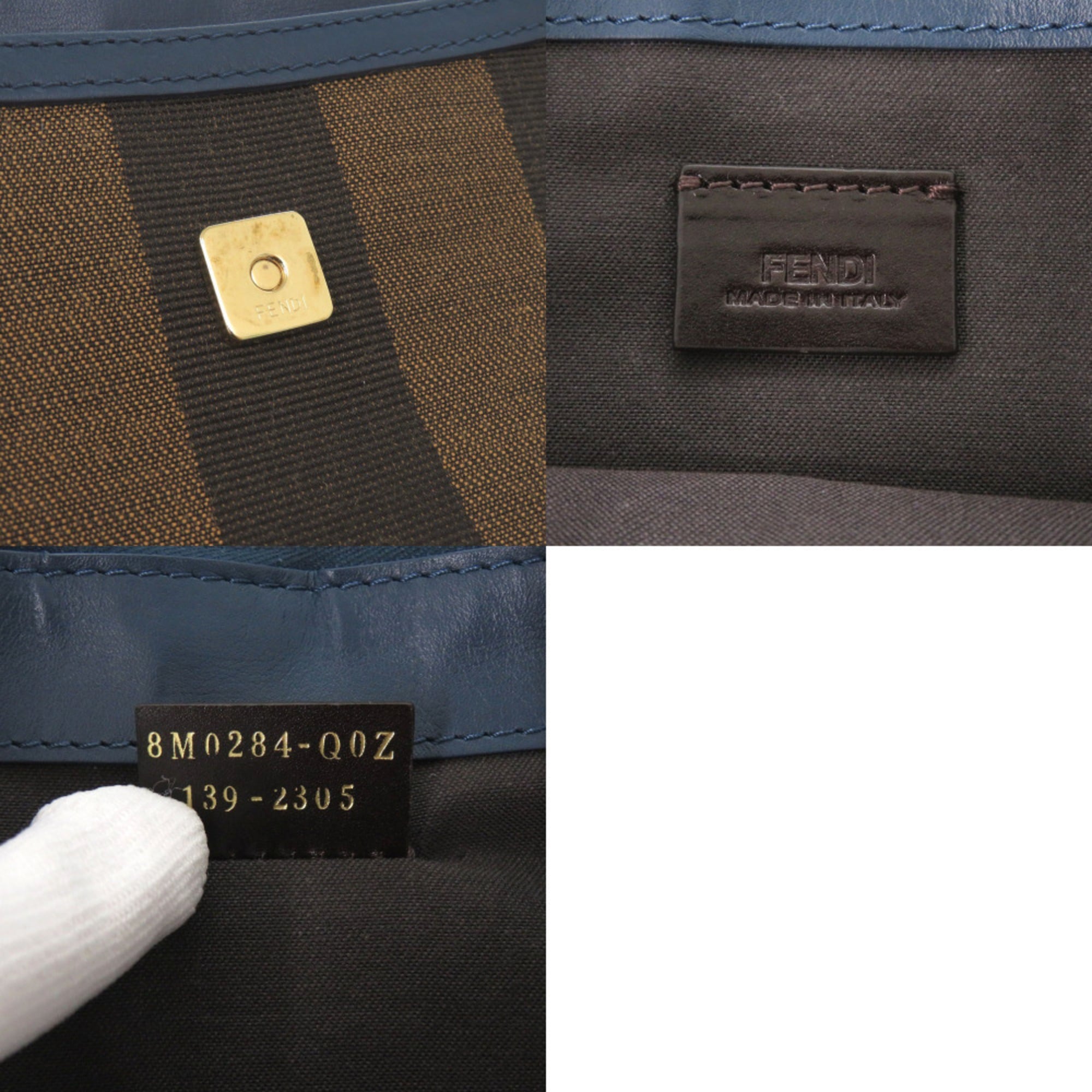 Excellent condition Fendi Pecan pattern clutch bag 8M0284 in leather and canvas, blue brown. 0475FENDI