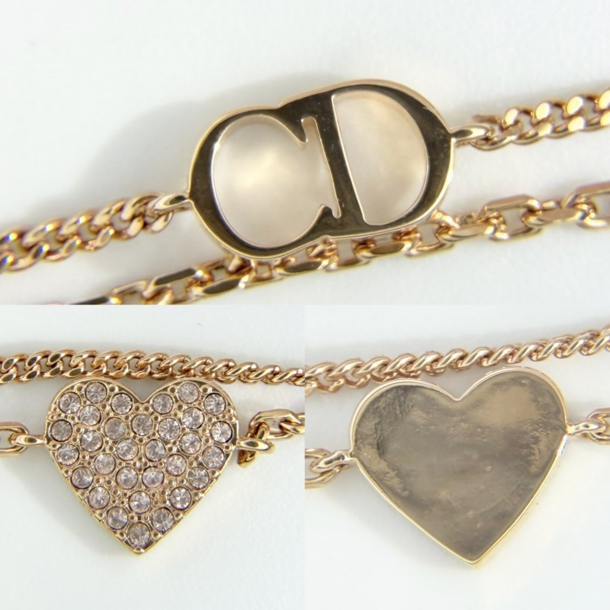 Christian Dior Dior Clair D Lune Double Strand Bracelet for Women, Heart Design, Adjustable, Rhinestone, Pink Gold, Approx. 4.0g — Like New
