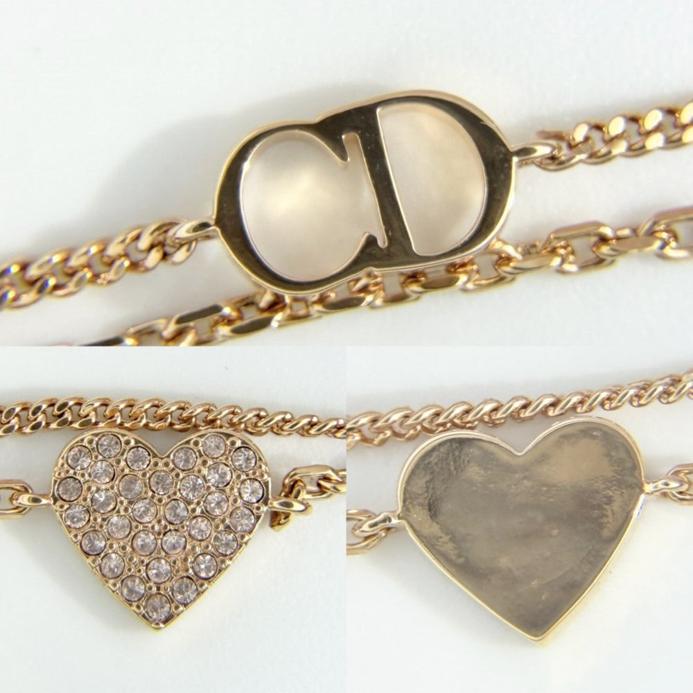 Christian Dior Dior Clair D Lune Double Strand Bracelet for Women, Heart Design, Adjustable, Rhinestone, Pink Gold, Approx. 4.0g — Like New