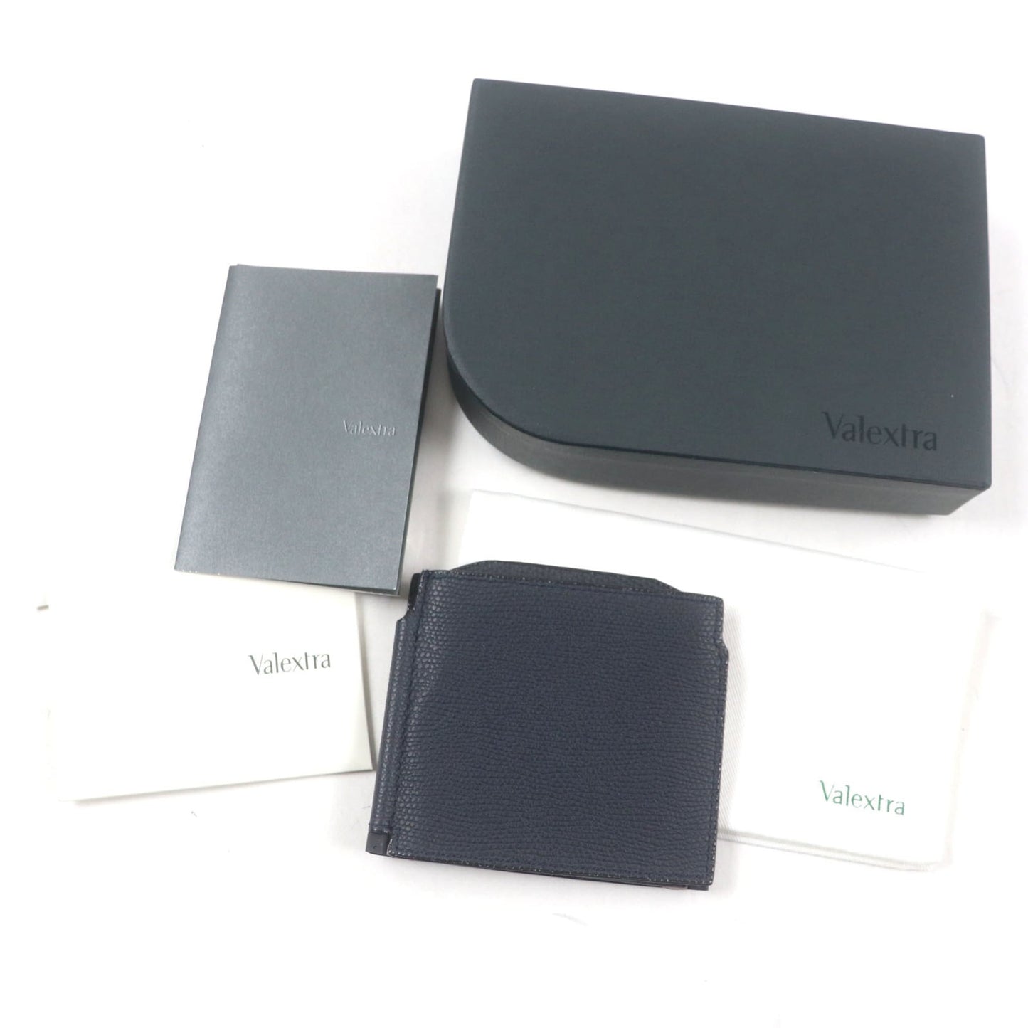 Valextra Double Money Clip Leather Wallet/Billfold in Dark Navy with Silver Hardware, Includes Box and Dust Bag, Made Italy for Men