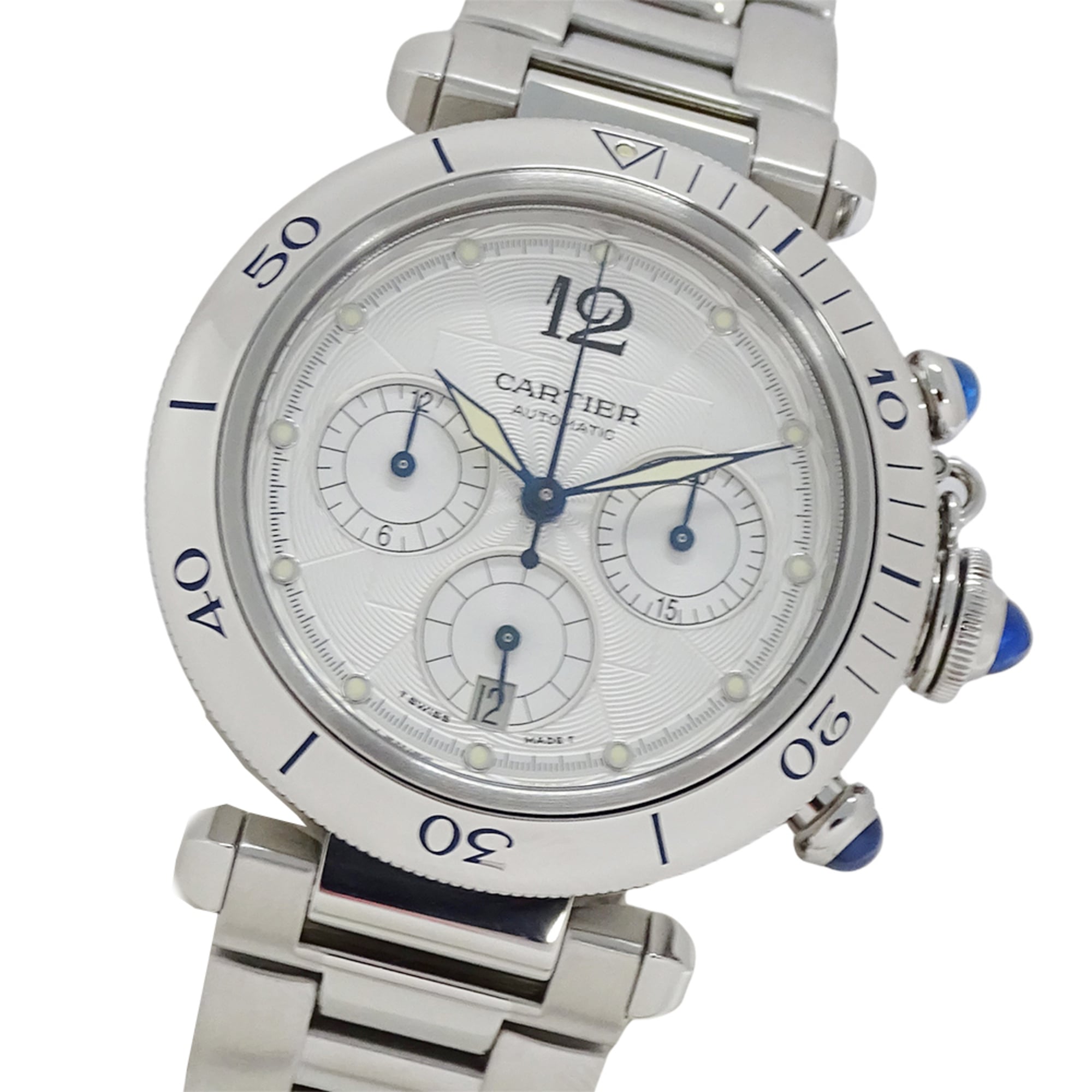 Cartier Pasha Chronograph Automatic Watch for Men, Stainless Steel (SS) W31030H3, Silver, with Open Caseback — Good