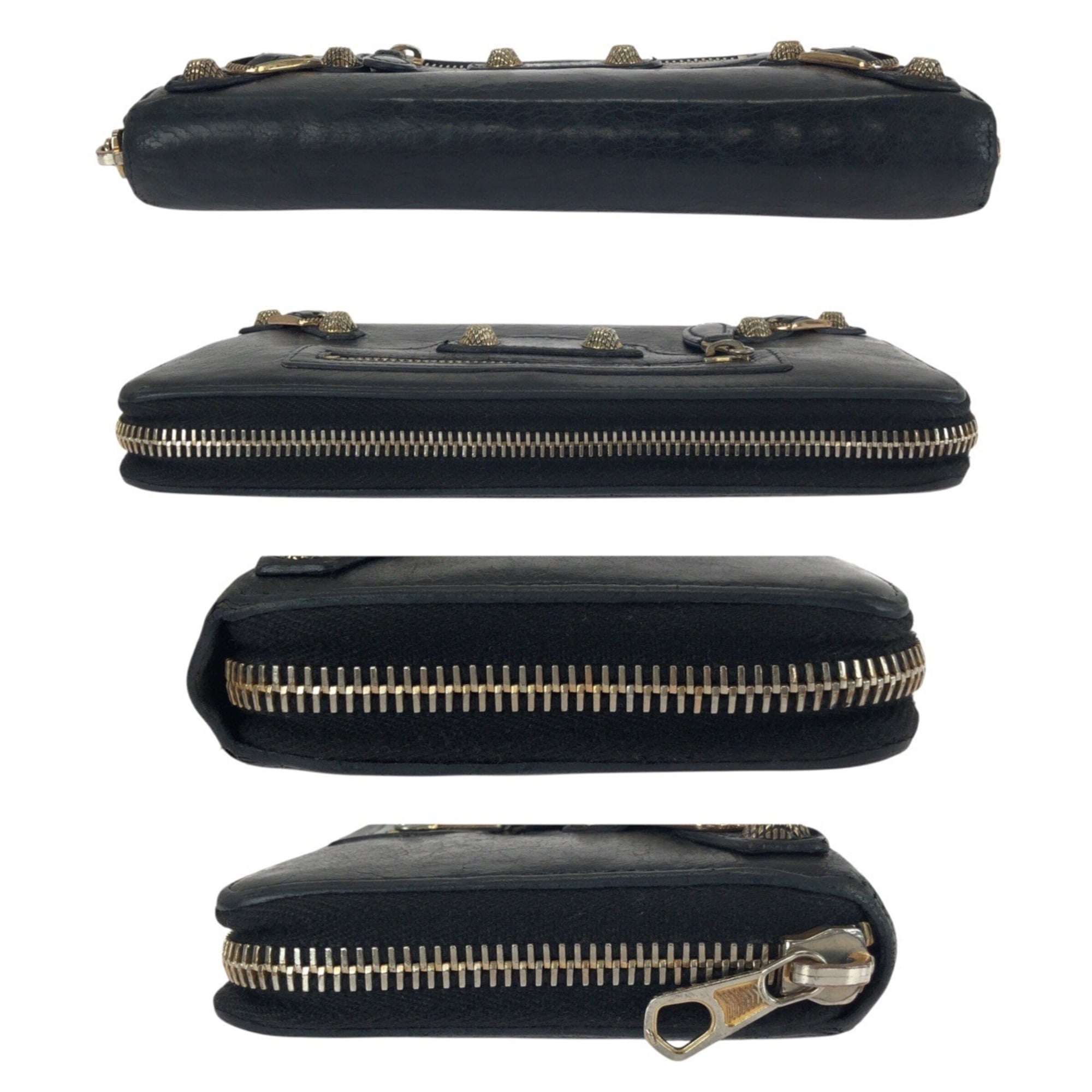 BALENCIAGA City Classic Continental Black Leather Long Wallet with Gold Hardware, Round Zipper, 253053, Women's