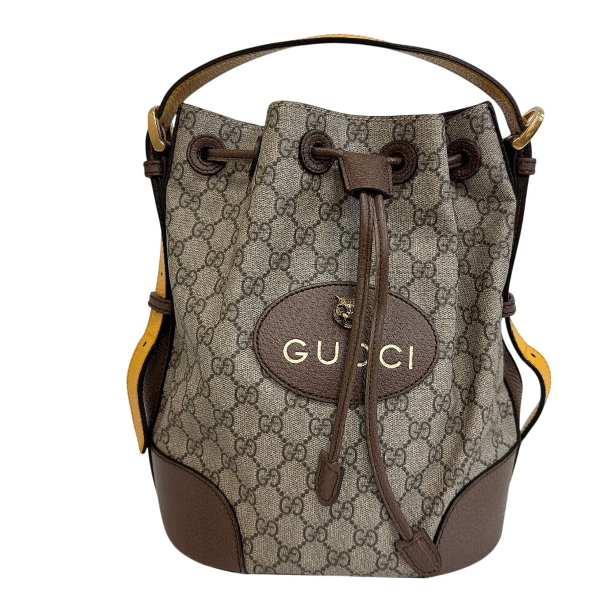 GUCCI 473875 Tiger Drawstring One-Shoulder Bag GG Supreme Handbag Brown — Like New
