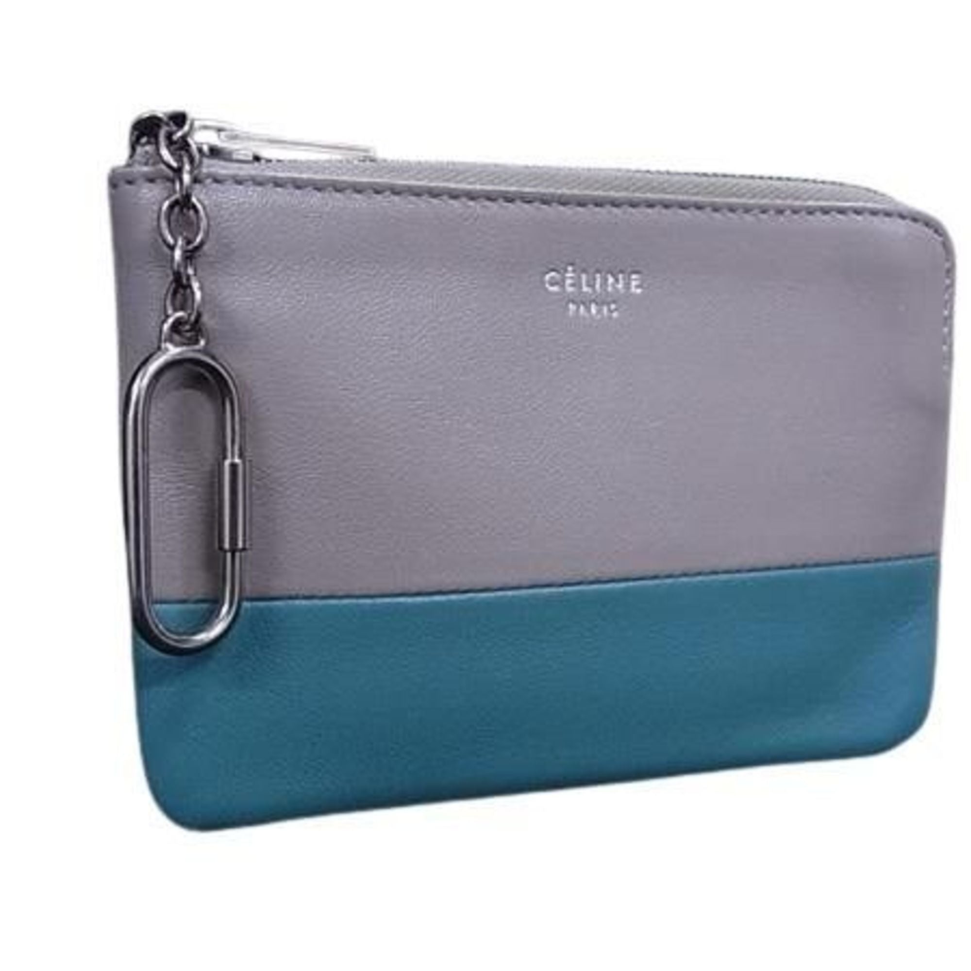 CELINE Solo Wallet/Coin Case in Gray and Blue Leather, Two-Tone Design for Men Women