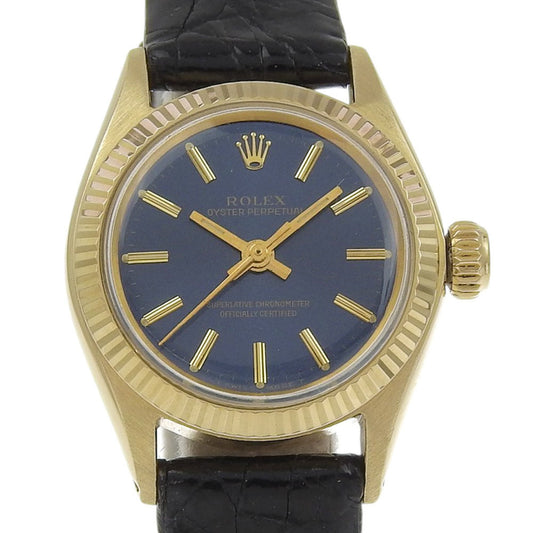 Rolex Oyster Perpetual Watch, caliber 1130, 6619, Yellow Gold with Embossed Leather, 1966, Automatic, Analog Display, Navy Dial, Women's