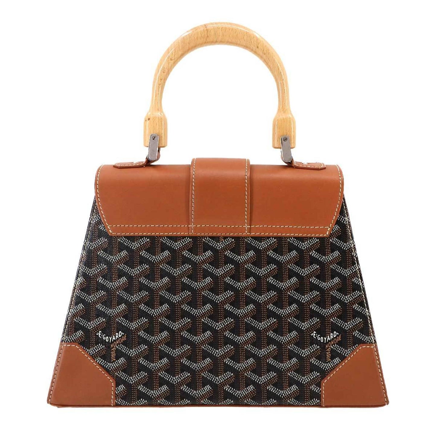 Goyard Saigon PM 2-way hand/shoulder bag in PVC, leather, wood, black, brown, and herringbone.