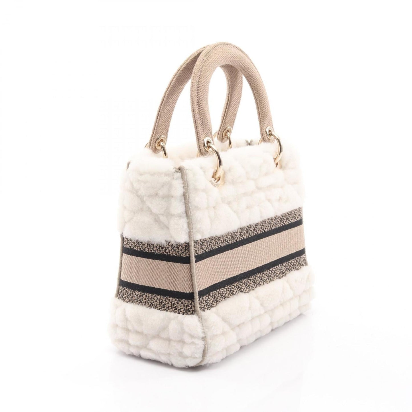 Christian Dior Dior LADY D-LITE Medium Handbag, Canvas and Shearling, Women's, White, Beige, Black