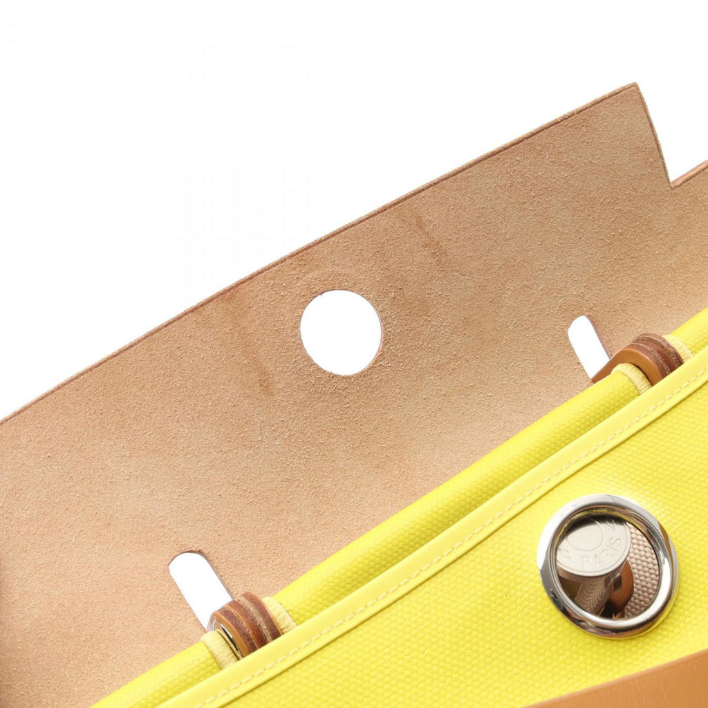 Hermes Hermès Airbag Zip PM handbag, canvas and leather, toile twill ash Berline, Vache Hunter, women's, yellow brown.
