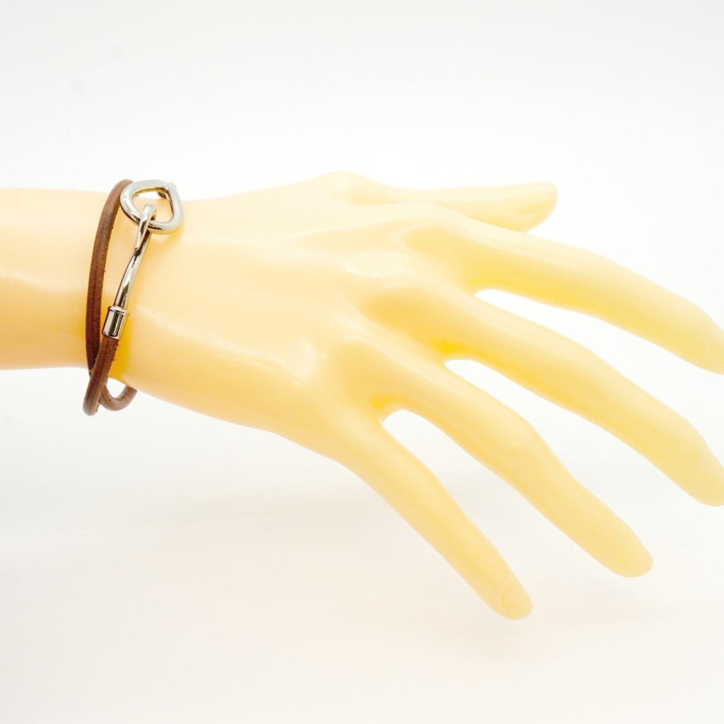 Hermes Jumbo Hook Bracelet, Metal, Leather, Silver, Brown, Women's