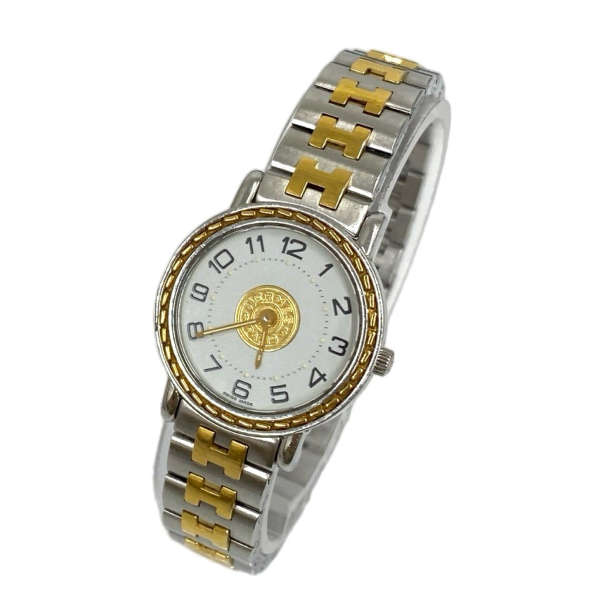 HERMES Vintage Sellier Stainless Steel GP Wristwatch Silver Gold 79642 — Good