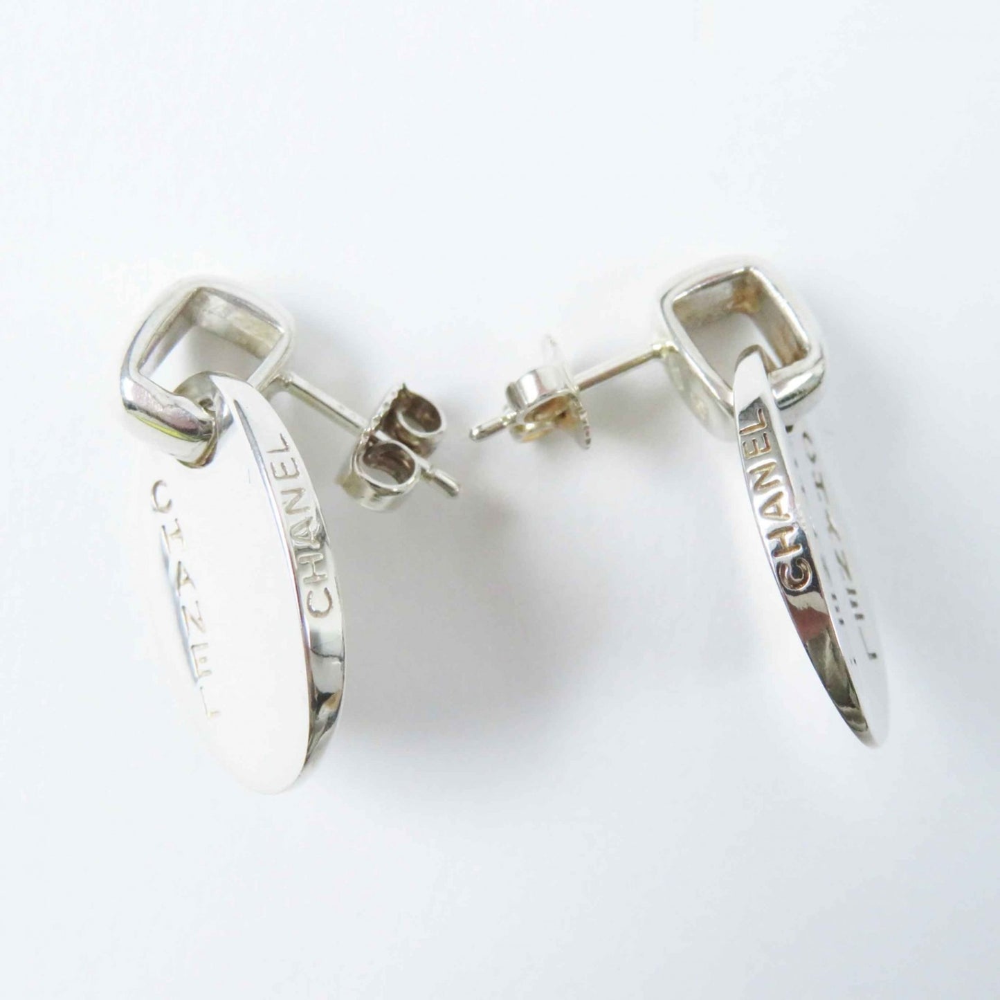 CHANEL Oval Logo Earrings for Both Ears, SV925 Silver, Box Included, Weight 35g, Women's