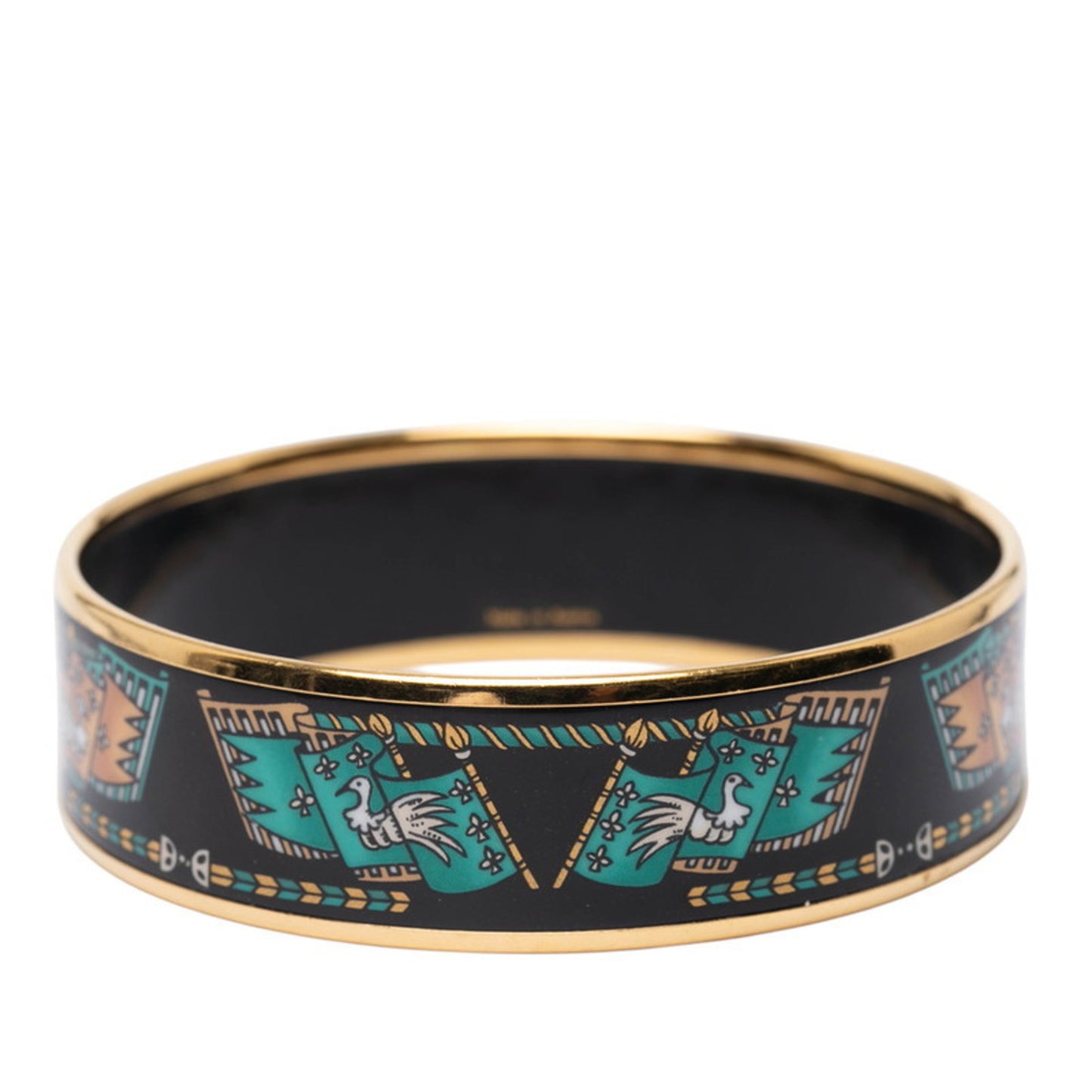 Hermes GM enamel bird and flag motif bangle in gold, black, multicolored plating for women.