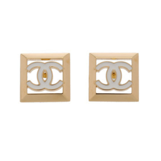 CHANEL Square Logo Earrings, Gold and White, Women's, GP A-Rank, Pre-Owned, Ginzo