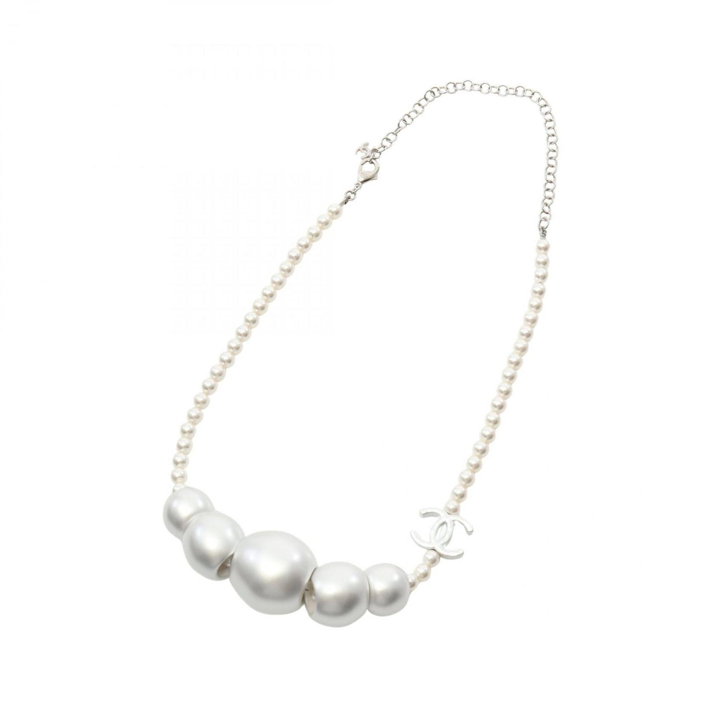 Chanel Coco Mark Necklace in Stainless Steel with Faux Pearls, Silver and Ivory, ABE925