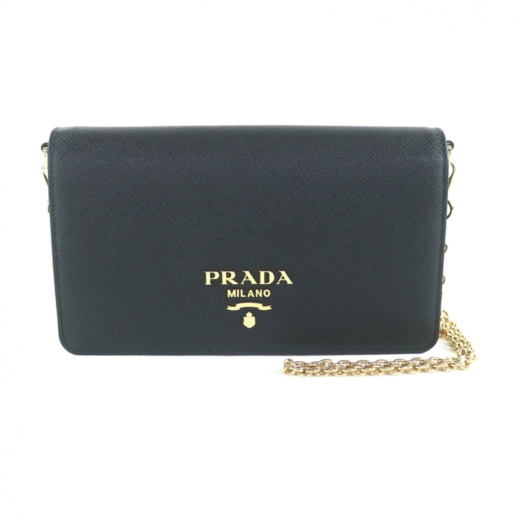 PRADA 1BP053 Saffiano Leather Mini Bag with Triangle Chain, Shoulder Bag, Black, Made in Italy, Women's — Like New