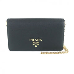 PRADA 1BP053 Saffiano Leather Mini Bag with Triangle Chain, Shoulder Bag, Black, Made in Italy, Women's — Like New