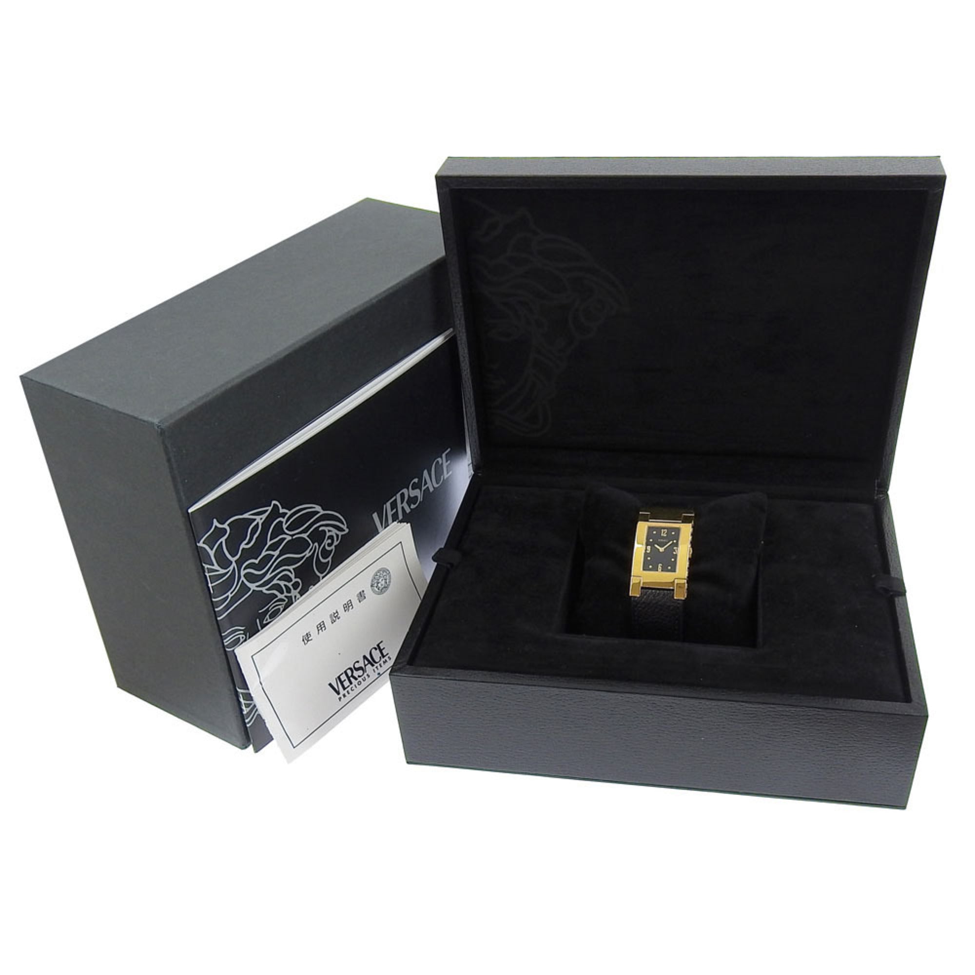 Versace VERSACE ALQ90 Rectangular Black Dial GP/Leather Quartz Watch Battery Women's — Good