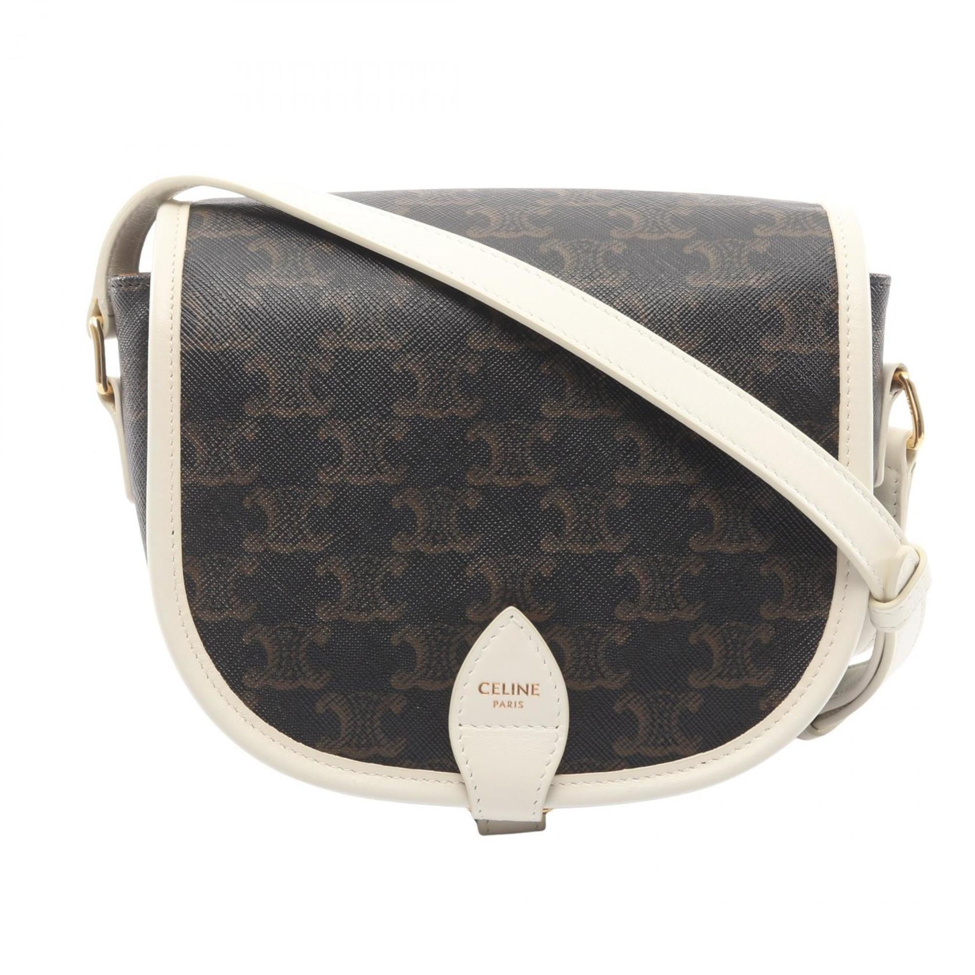 Celine Folco Medium Triomphe Shoulder Bag, Coated Canvas and Leather, Women's, Black, Brown, White