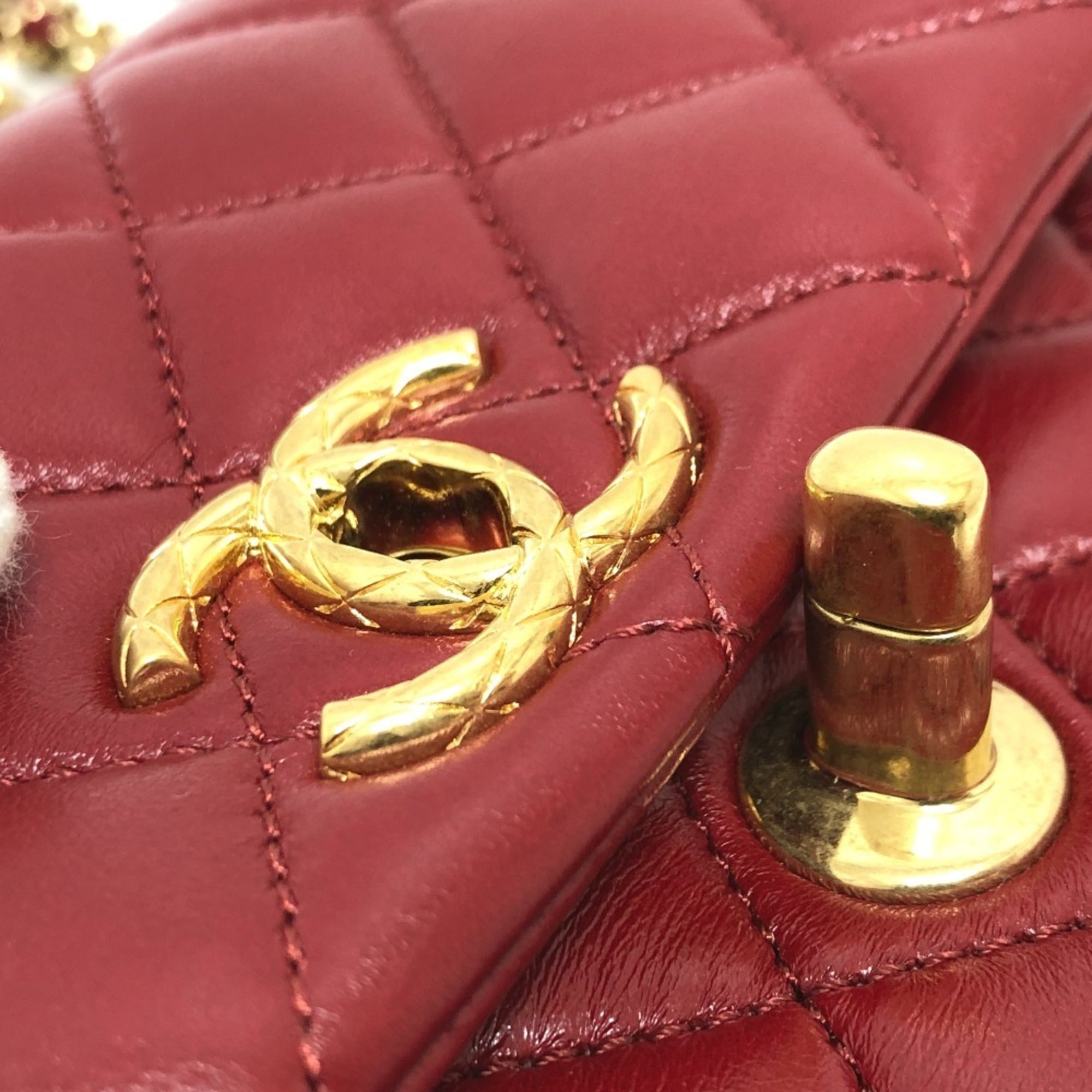 CHANEL Coco Mark Matelasse 3 Chain Shoulder Bag Lambskin Women's Red — New - Store Return