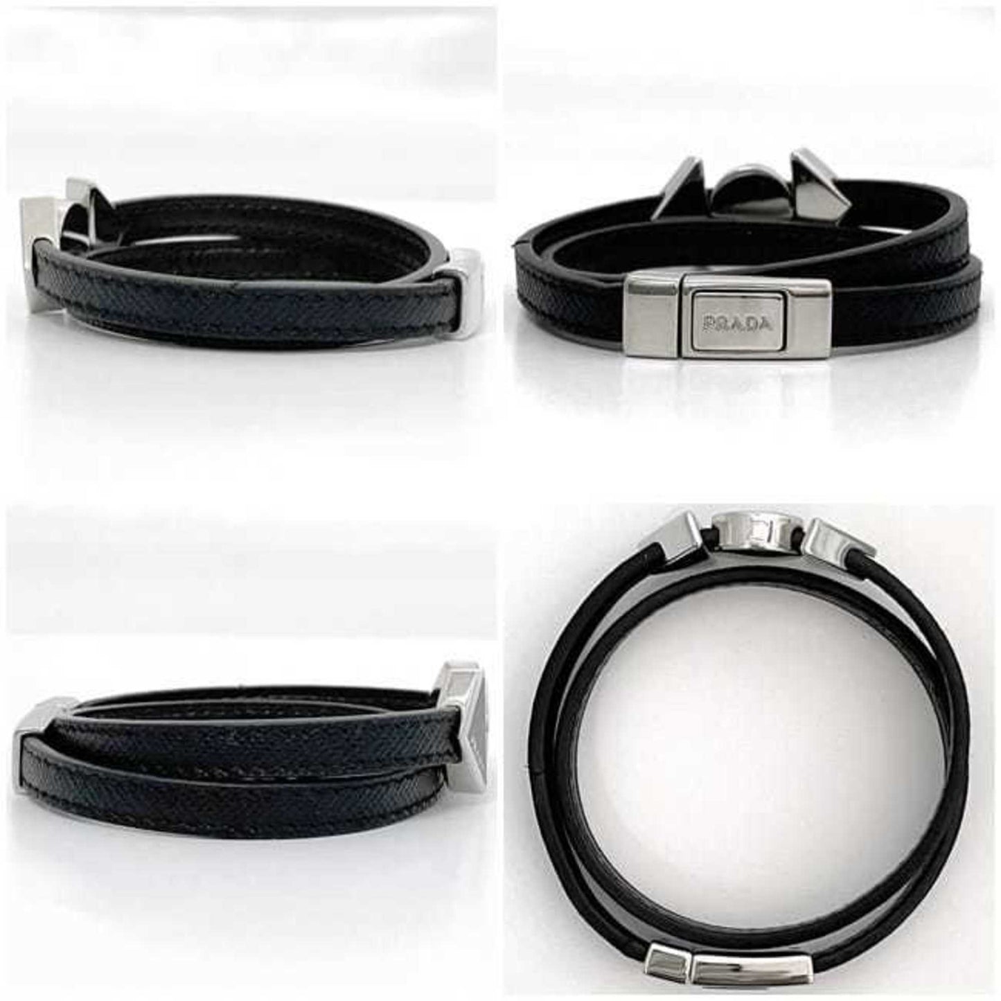 Prada Bracelet ec-23679 Black Nero Medium Saffiano Leather Metal Triangle Plate with Round Hardware for Men and Women