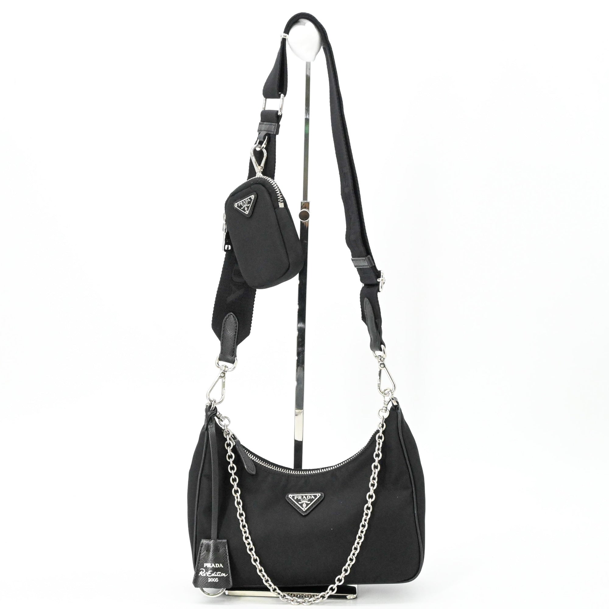PRADA Tessuto Nylon Leather Shoulder Bag Handbag for Women, Triangle Design, Black IBH204 — Like New