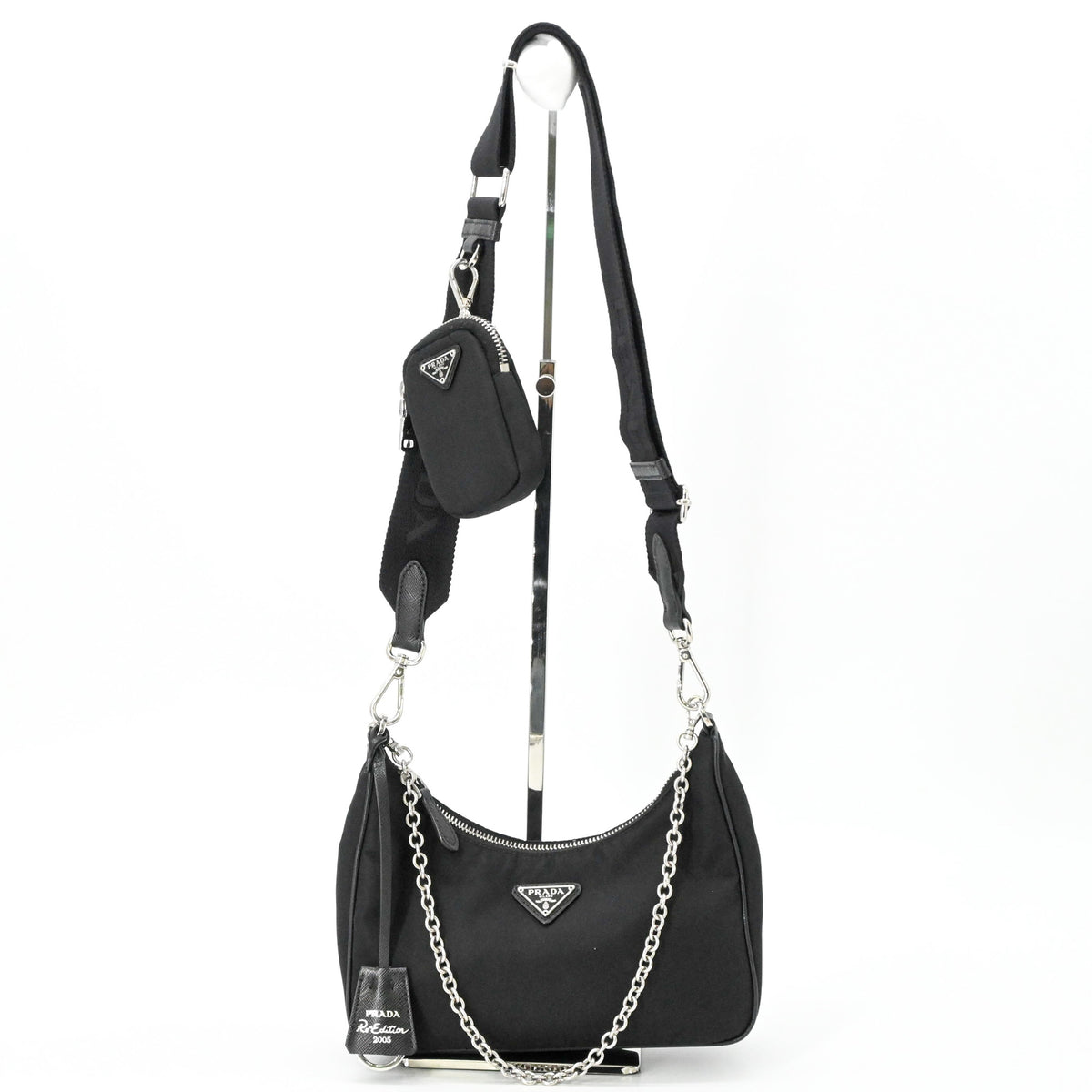 PRADA Tessuto Nylon Leather Shoulder Bag Handbag for Women, Triangle Design, Black IBH204 — Like New