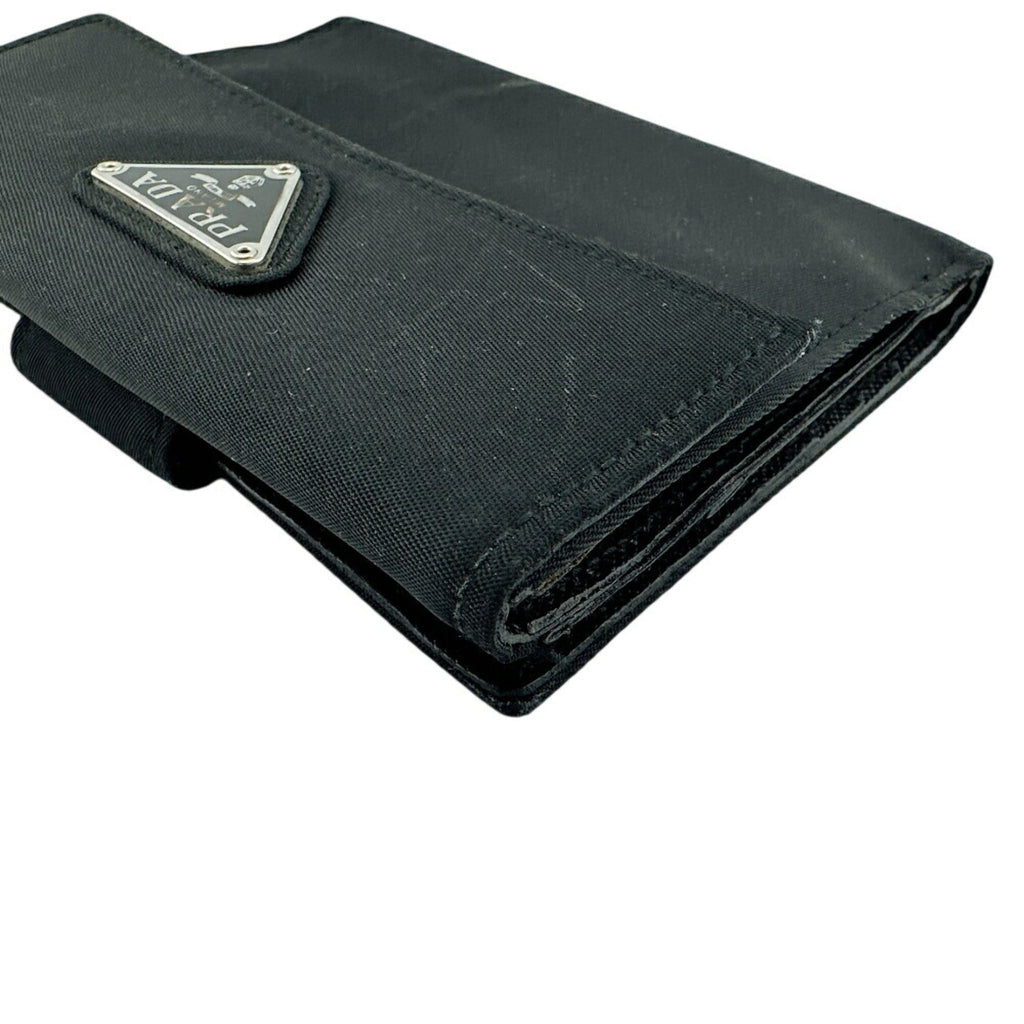 PRADA M523 Triangle Plate W Tessuto Bi-fold Wallet Black Unisex
