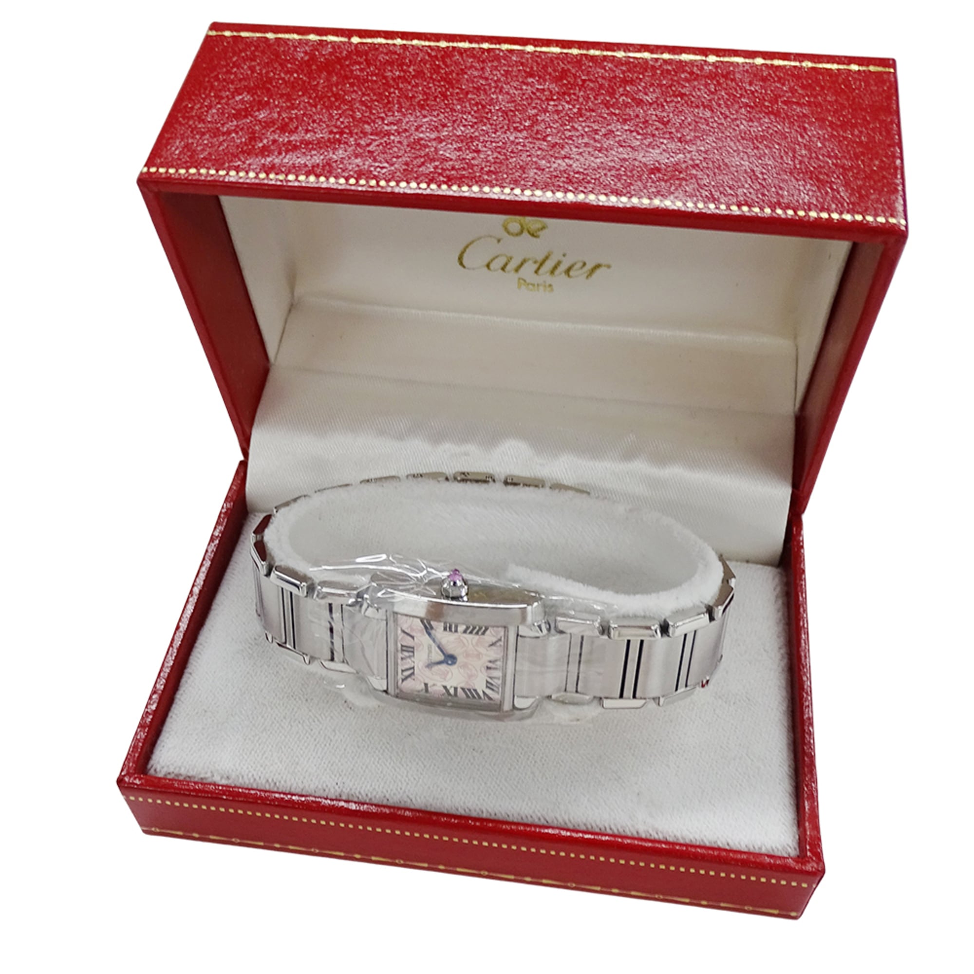 Cartier women's watch, Tank Française SM, 2006 Christmas limited edition, quartz movement, stainless steel (SS), W51031Q3, silver and pink — Good
