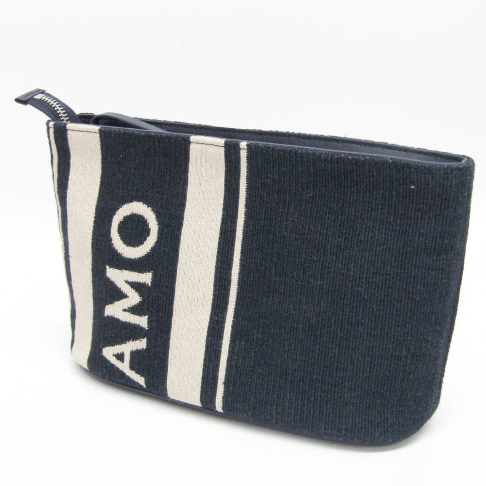 Salvatore Ferragamo Logo EE-24 1638 Women,Men Leather,Cotton Pouch Cream,Navy — Like New