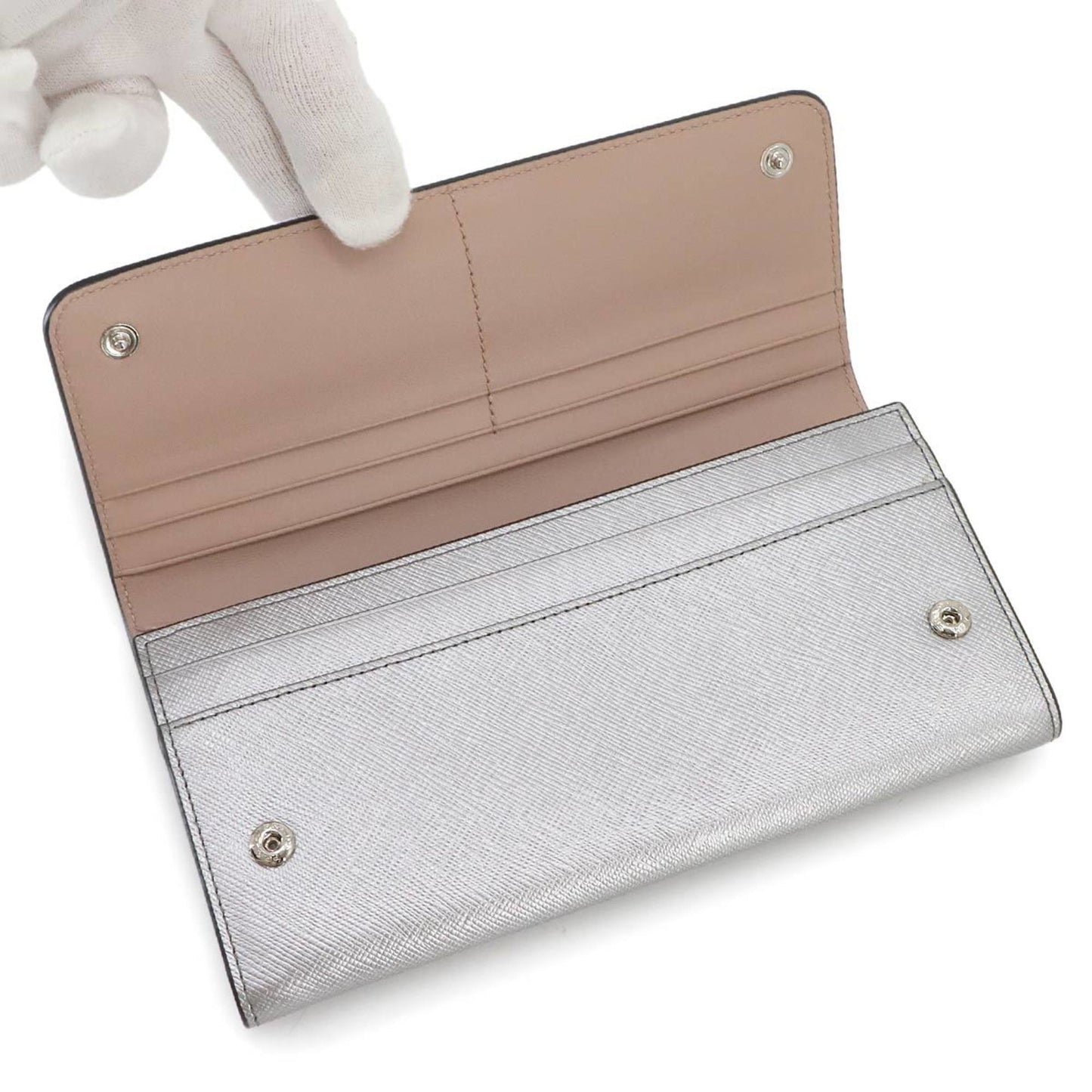 Prada Saffiano Bifold Long Wallet in Silver and Pink Beige Leather (1MH132) with Hardware