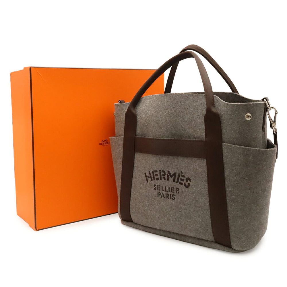 HERMES Sac de Pansage Groom Tote Bag Shoulder Felt Gray Dark Brown with Handbag-in-Bag Y Stamp — Like New